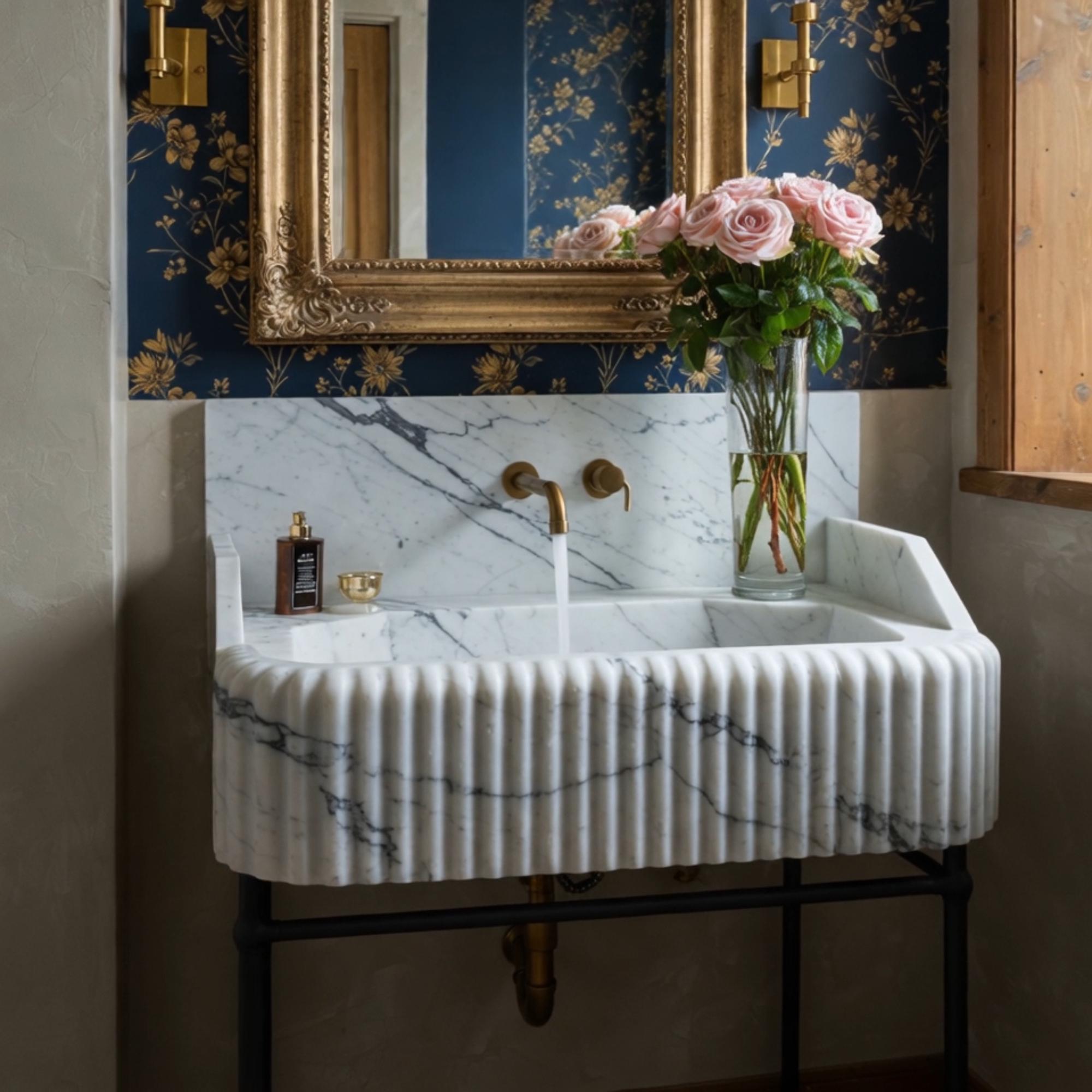 A high-back vanity sink crafted from Calacatta Viola marble with fluted edges and side splashes, made for luxurious vintage interiors.