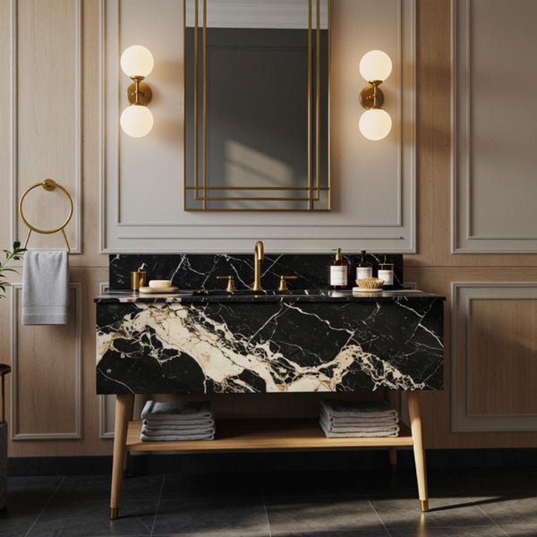 Pietre Notte Black Marble Vanity (Integrated Basin & Mid-Century Wood Cabinet) M8F72 hover
