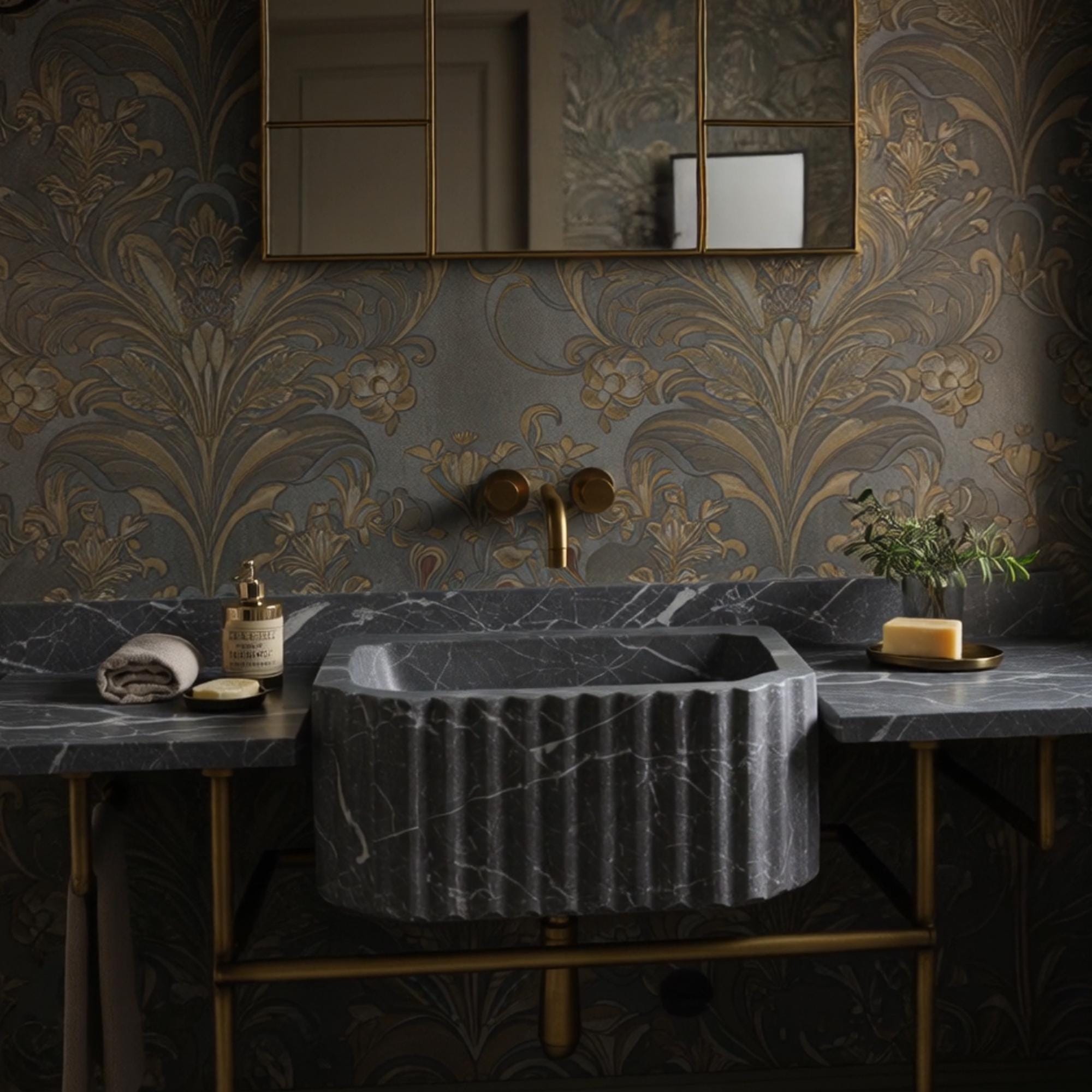 Wall-mounted black marble console vanity with integrated fluted sink and vintage-style brass stand.