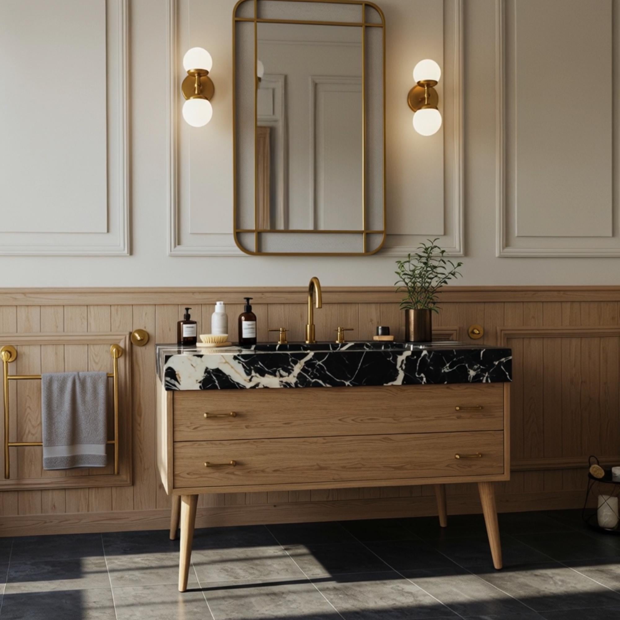 Natural wood bathroom vanity with integrated black marble basin and sleek mid-century design.