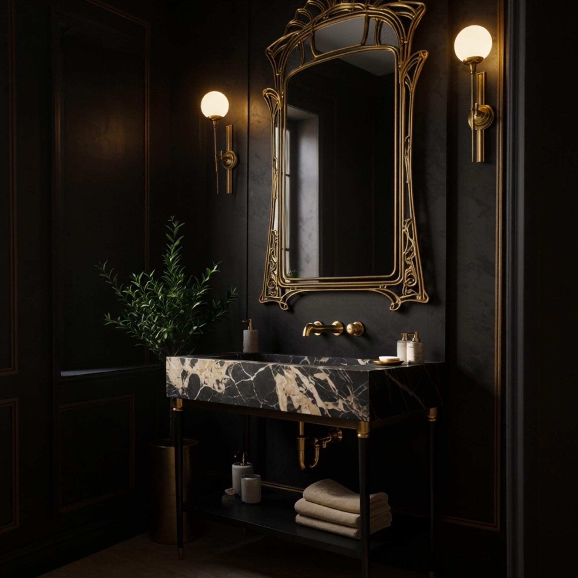 High-end bathroom vanity featuring black marble countertop, open black metal frame, and sleek gold-tipped leg design.