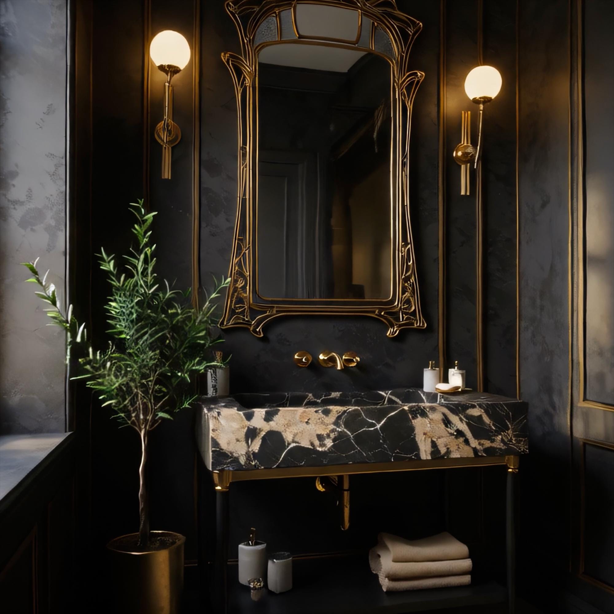 Luxury black marble console vanity featuring gold-accented legs and spacious open storage.