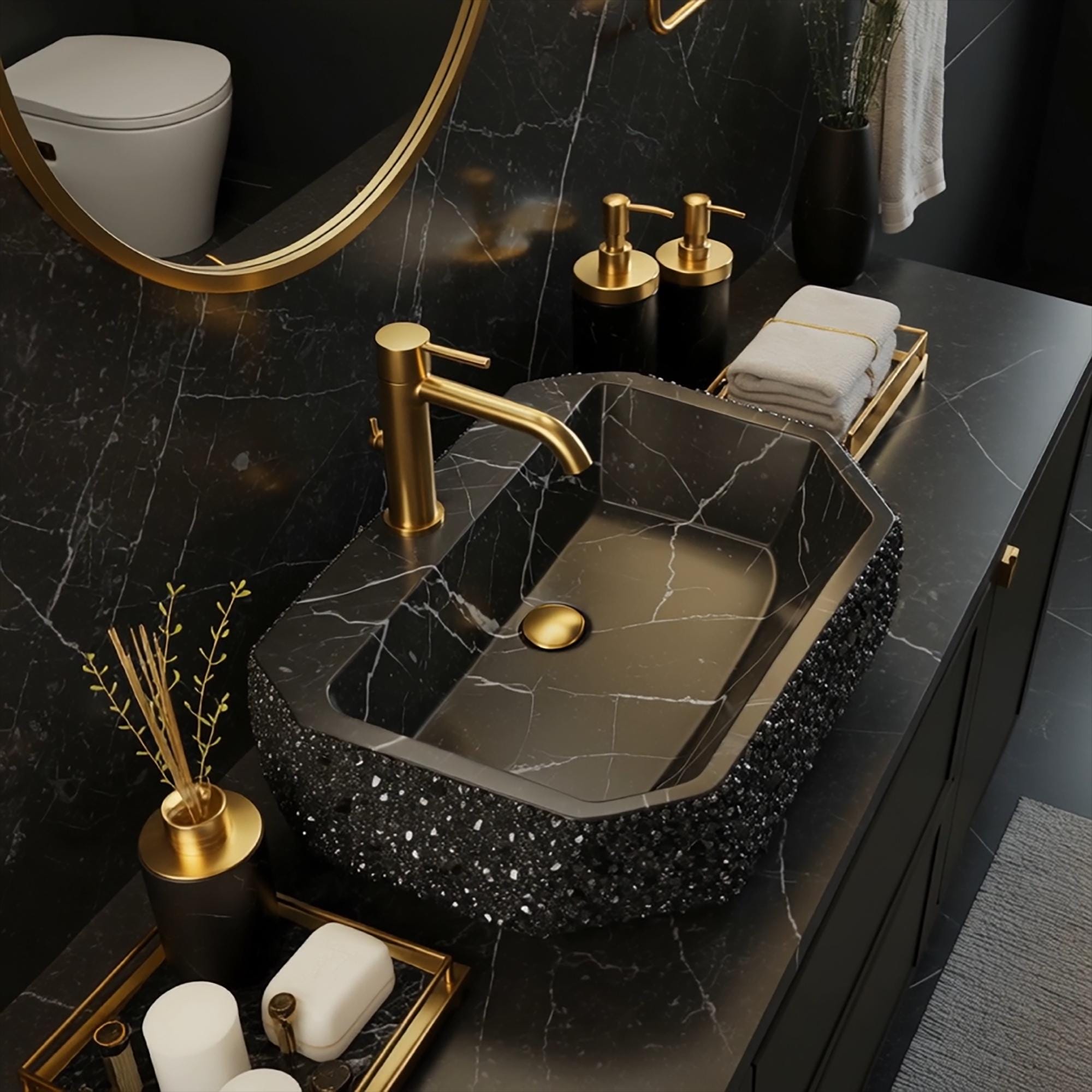 Luxury vessel sink crafted from Pietre Notte black marble with octagonal crystal-accented design.
