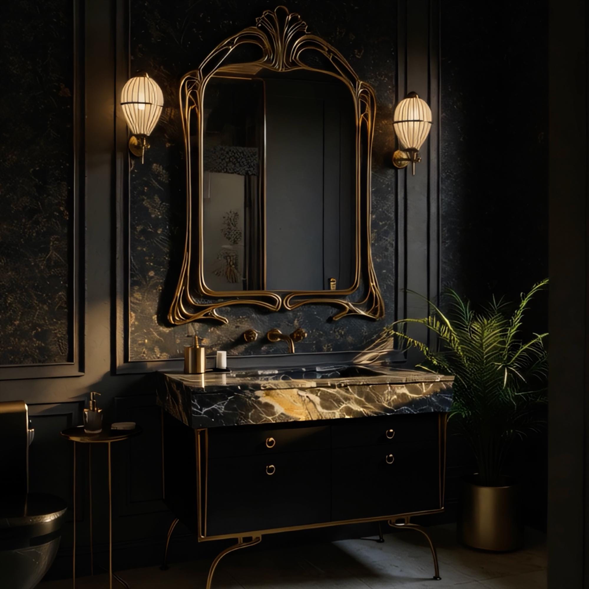 Luxury bathroom console with dramatic Pietre Notte marble, matte black cabinetry, and ornate gold legs.
