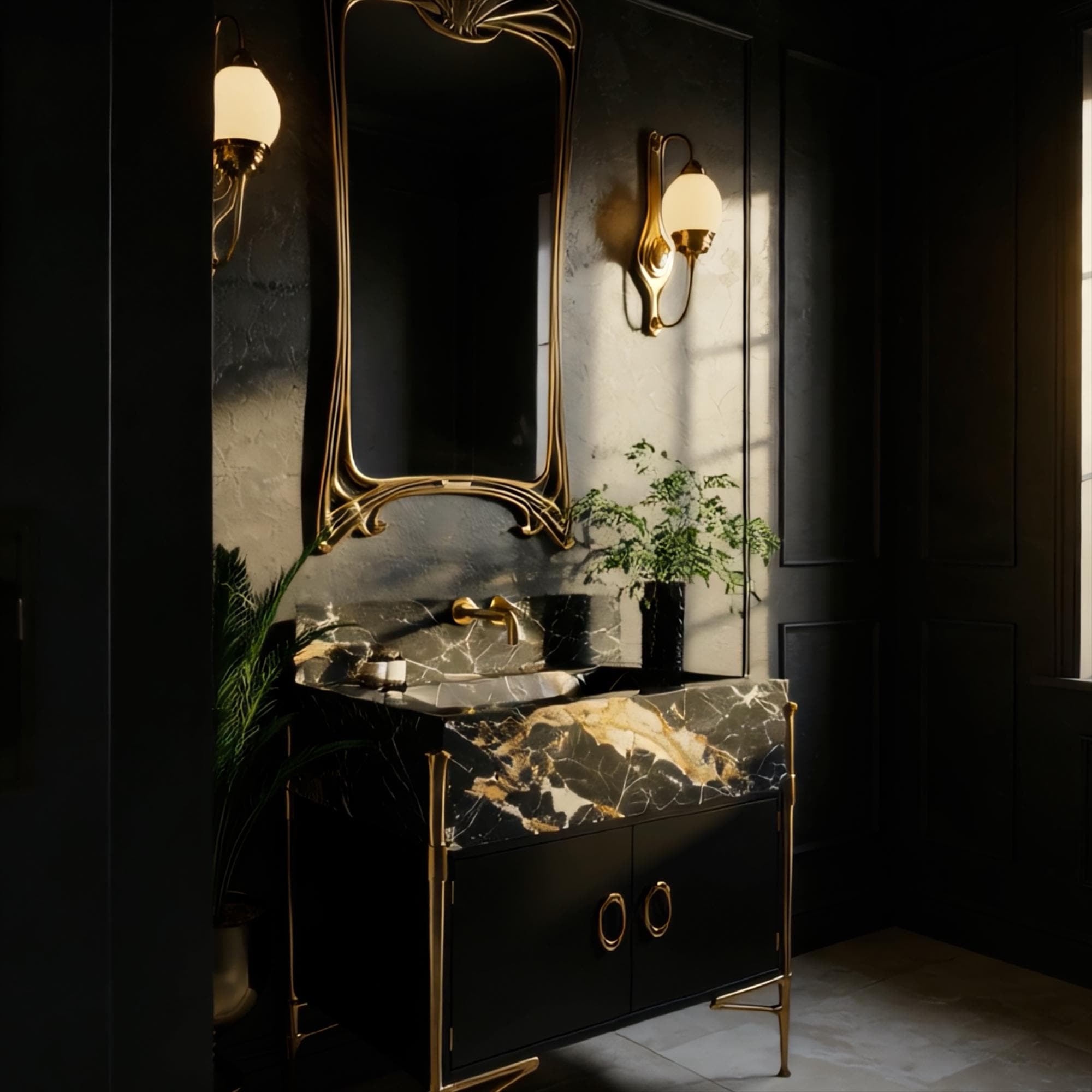 Contemporary bathroom console with luxury Pietre Notte marble and gold-detailed black cabinetry.