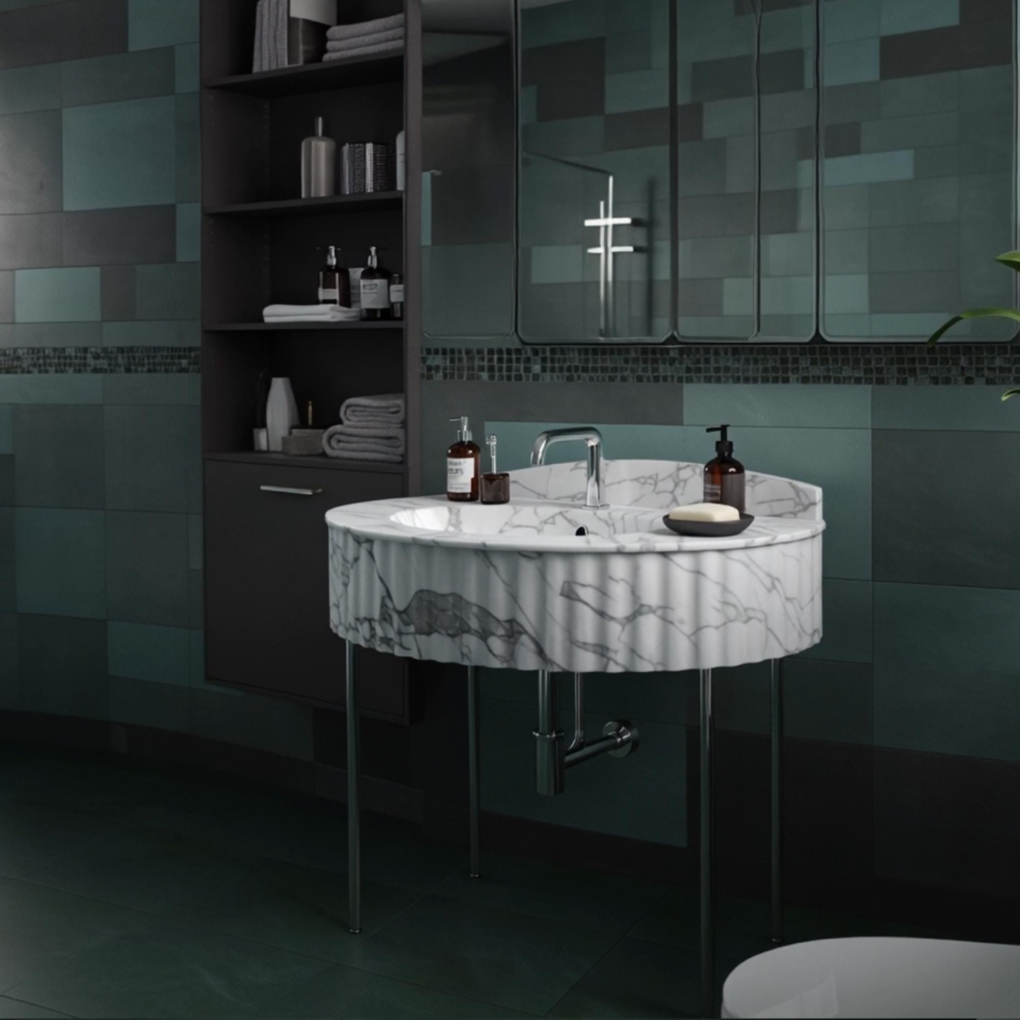 Elegant bathroom console sink in fluted Carrara marble with seamless backsplash and modern stand.
