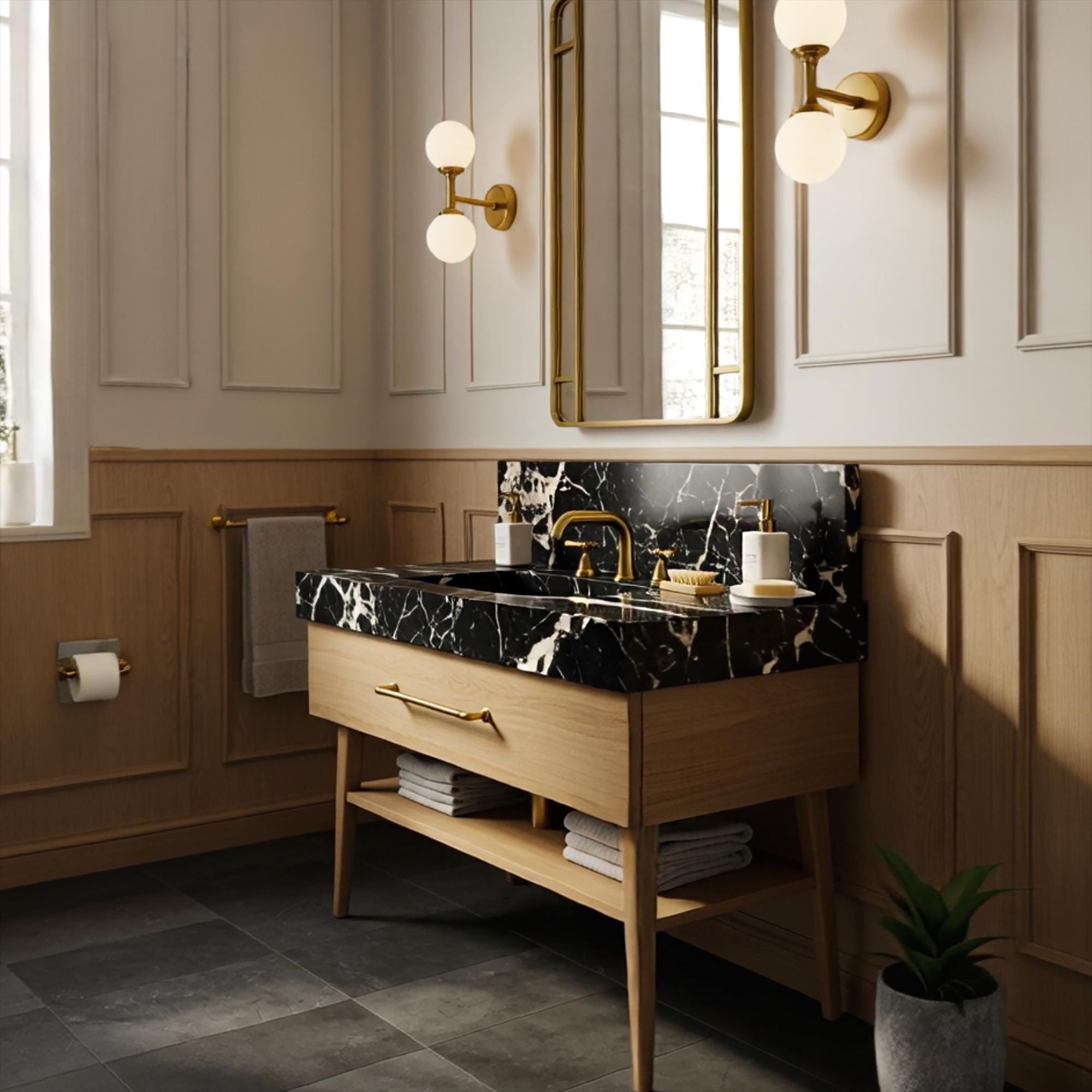 Modern bathroom vanity featuring Pietre Notte marble and minimalist light wood base with open shelf.
