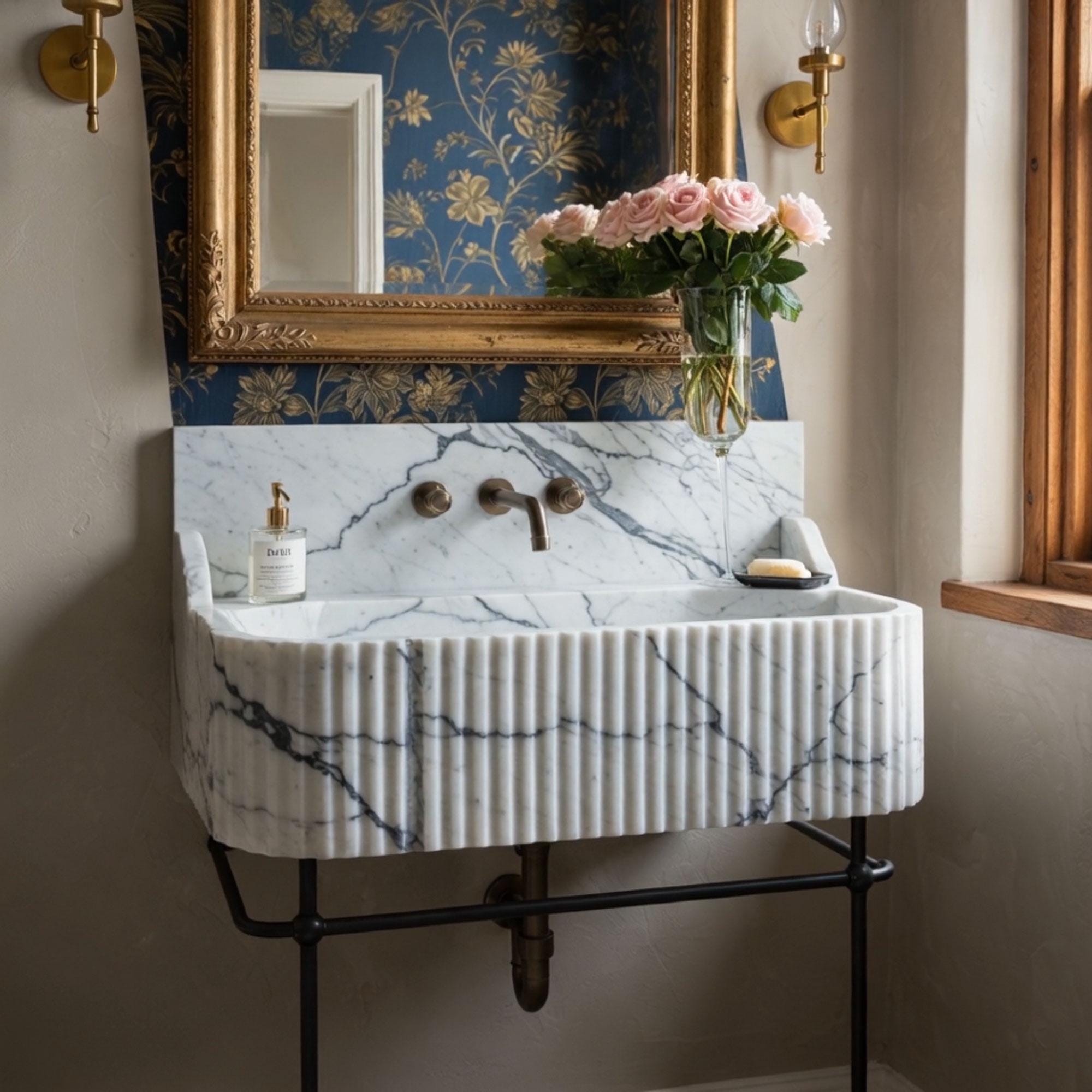 This Calacatta Reverie marble sink includes side and back splashes with a built-in rail, merging sculptural beauty with everyday luxury.