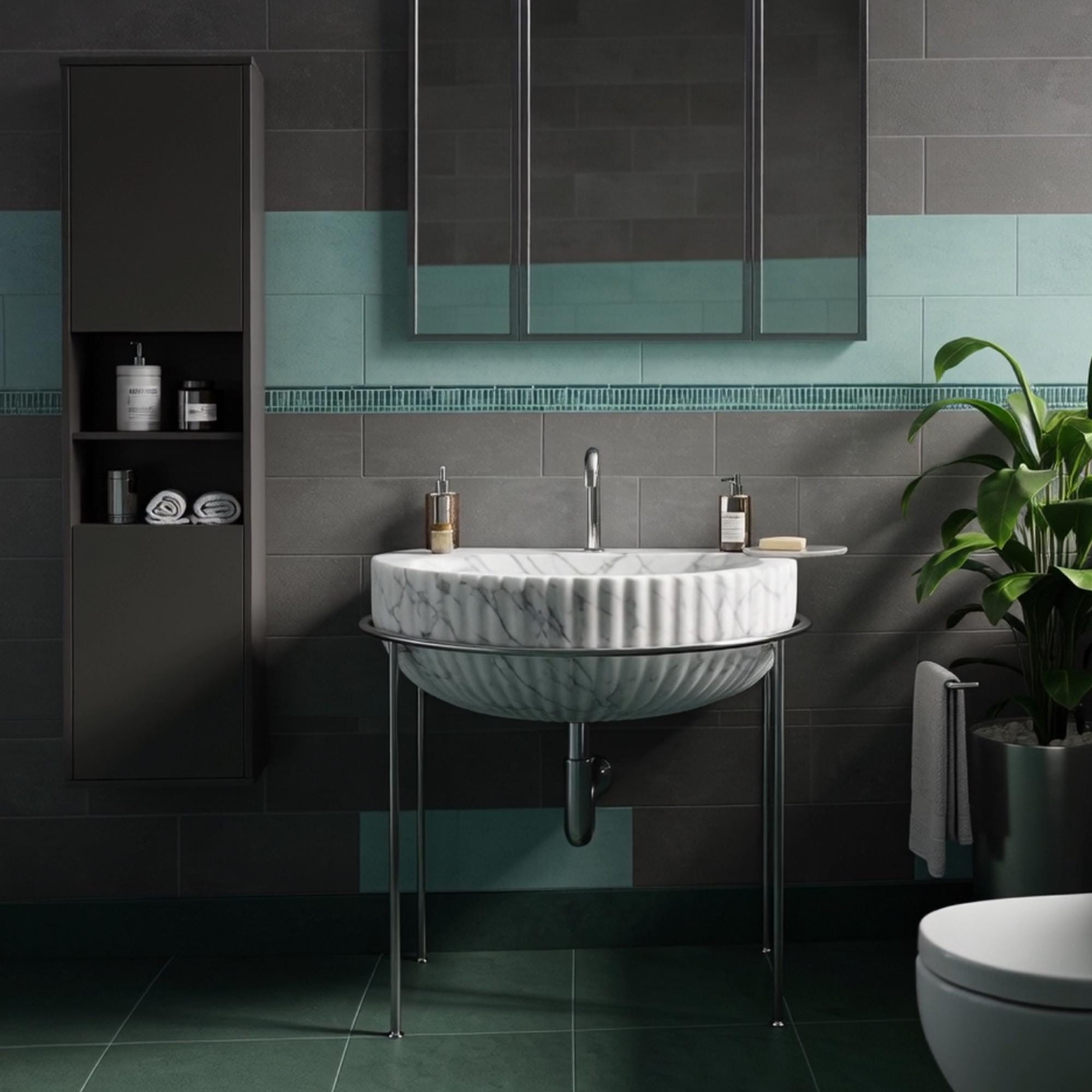 Half-round fluted Carrara marble console sink with minimal chrome legs and clean design.