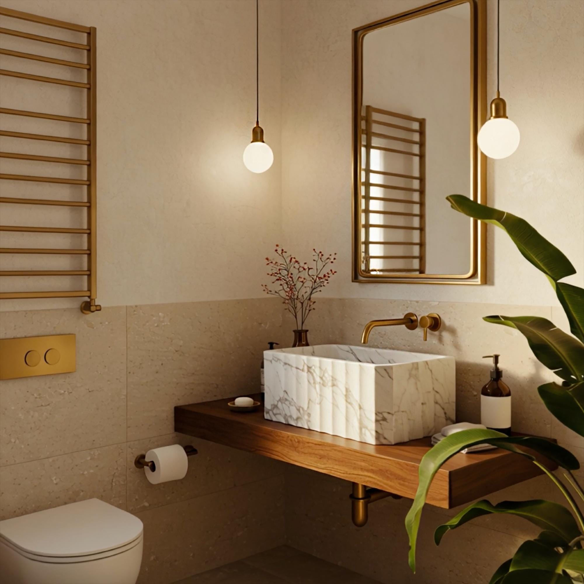 Compact fluted Carrara marble sink with clean geometric form, featured on a wood floating shelf.
