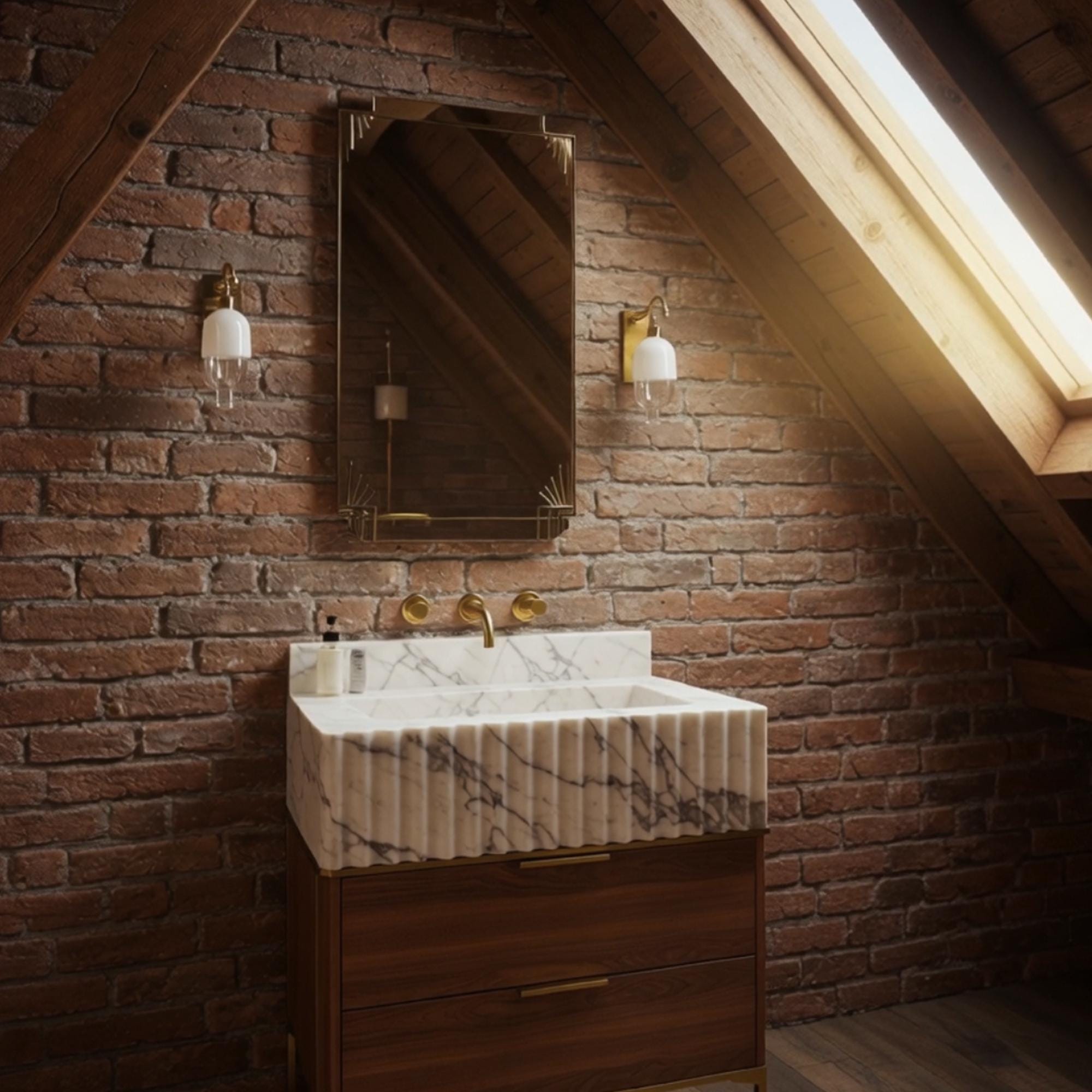 Elegant fluted Carrara marble vanity featuring a rich walnut wood cabinet and seamless backsplash design.