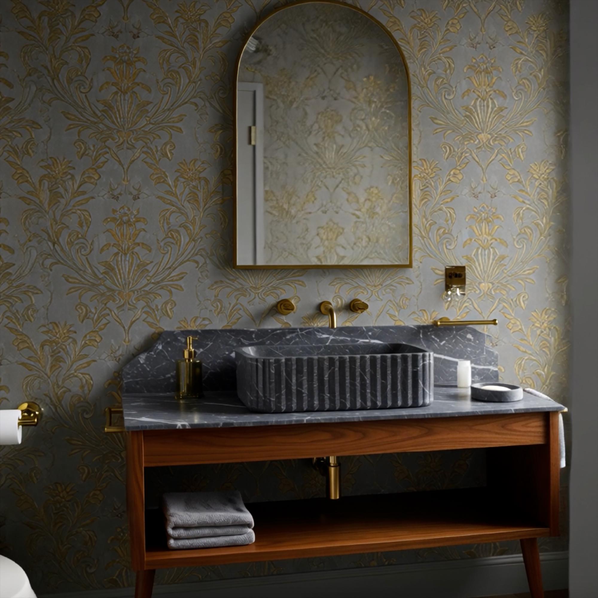 Marble fluted countertop sink sitting atop warm oak vanity with storage shelf and integrated stone backsplash.