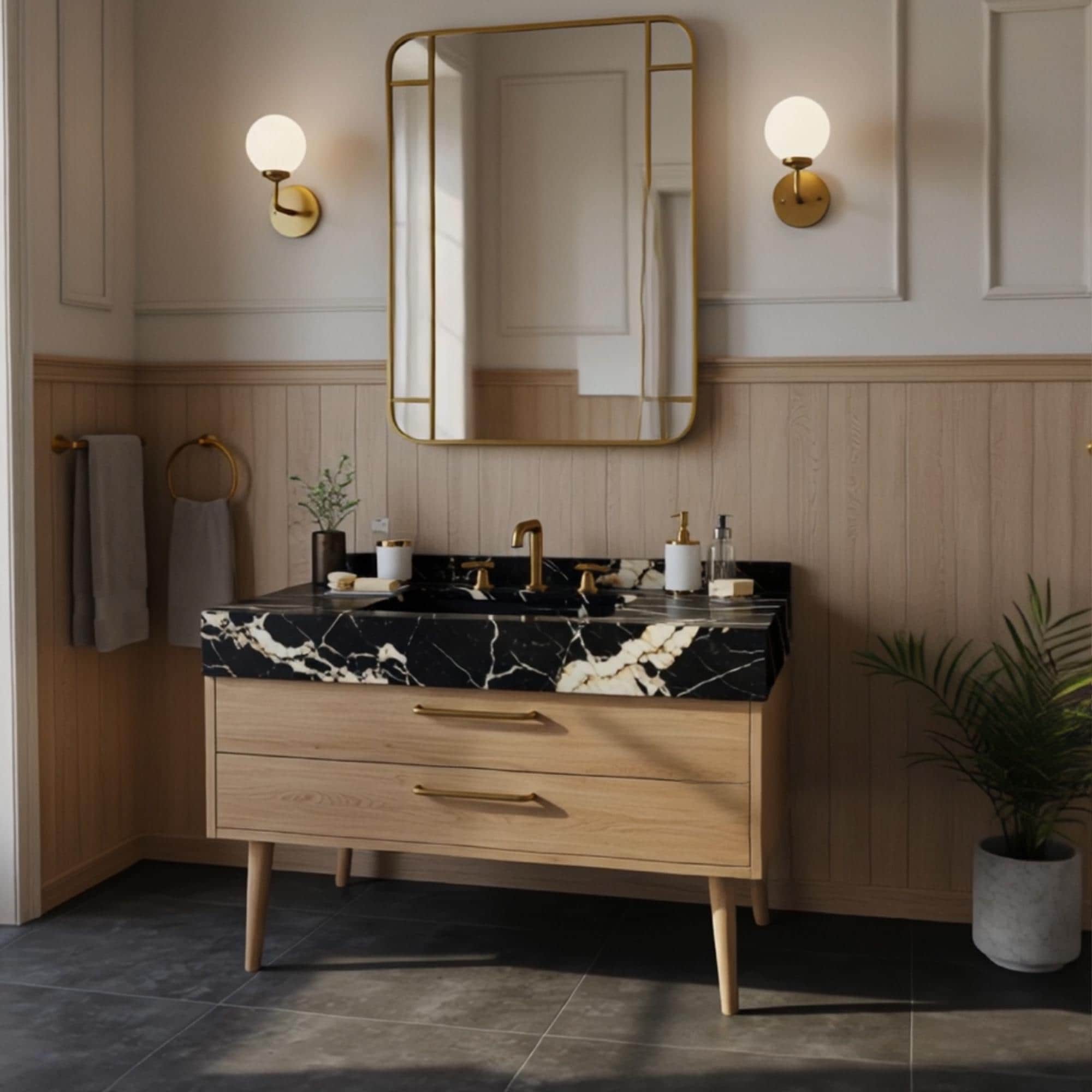 Mid-century modern vanity with Nero Marquina marble top, integrated basin, and wooden cabinet base.