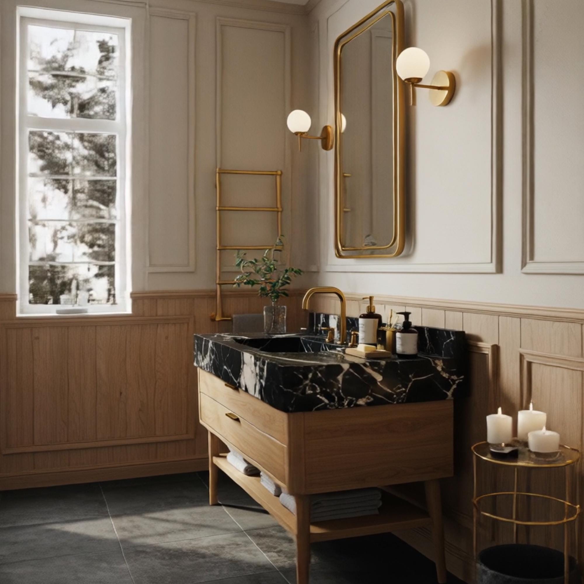 Mid-century inspired vanity with Pietre Notte marble sink and natural wood drawers and brass accents.