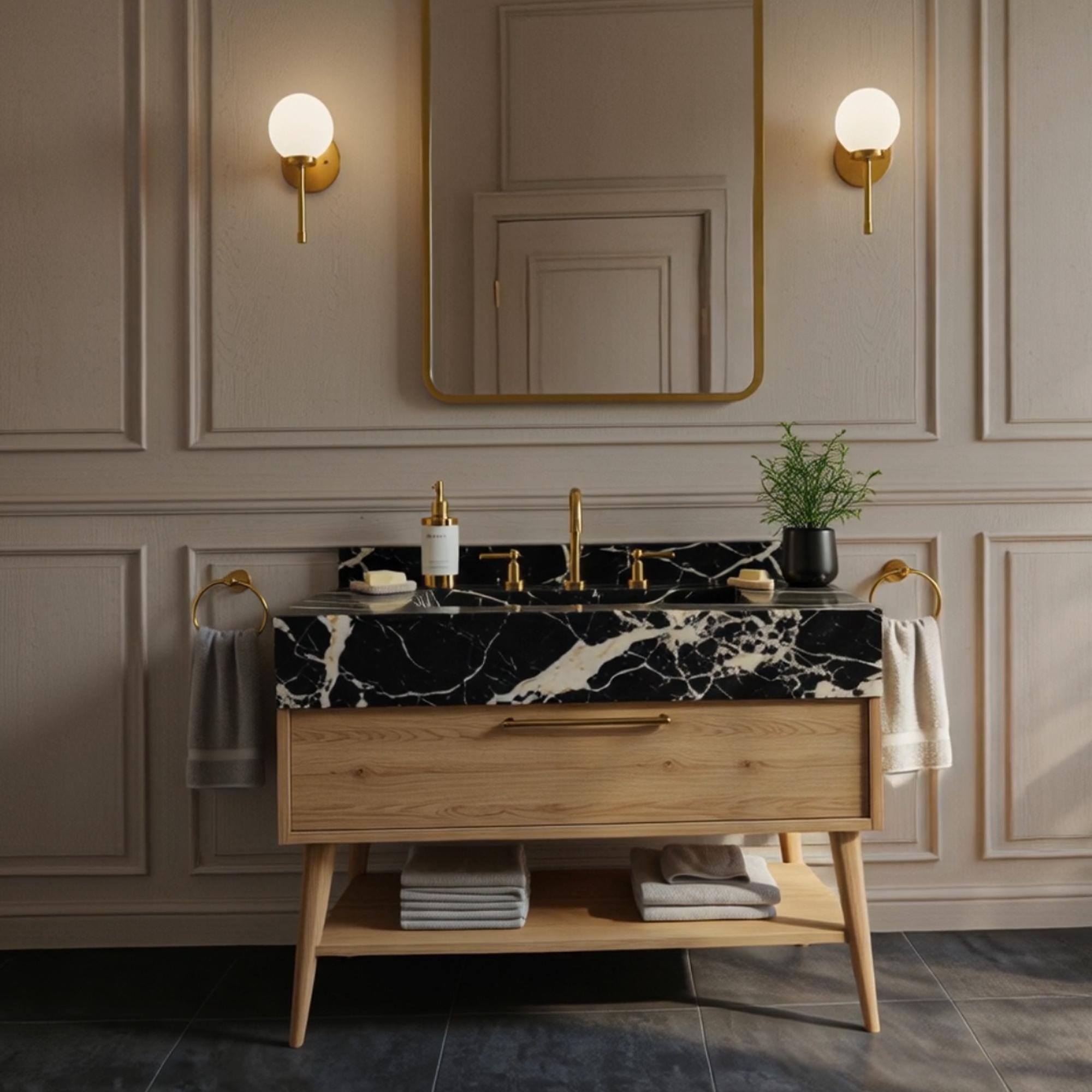 Mid-century modern vanity with Pietre Notte marble basin and sleek oak wood base.