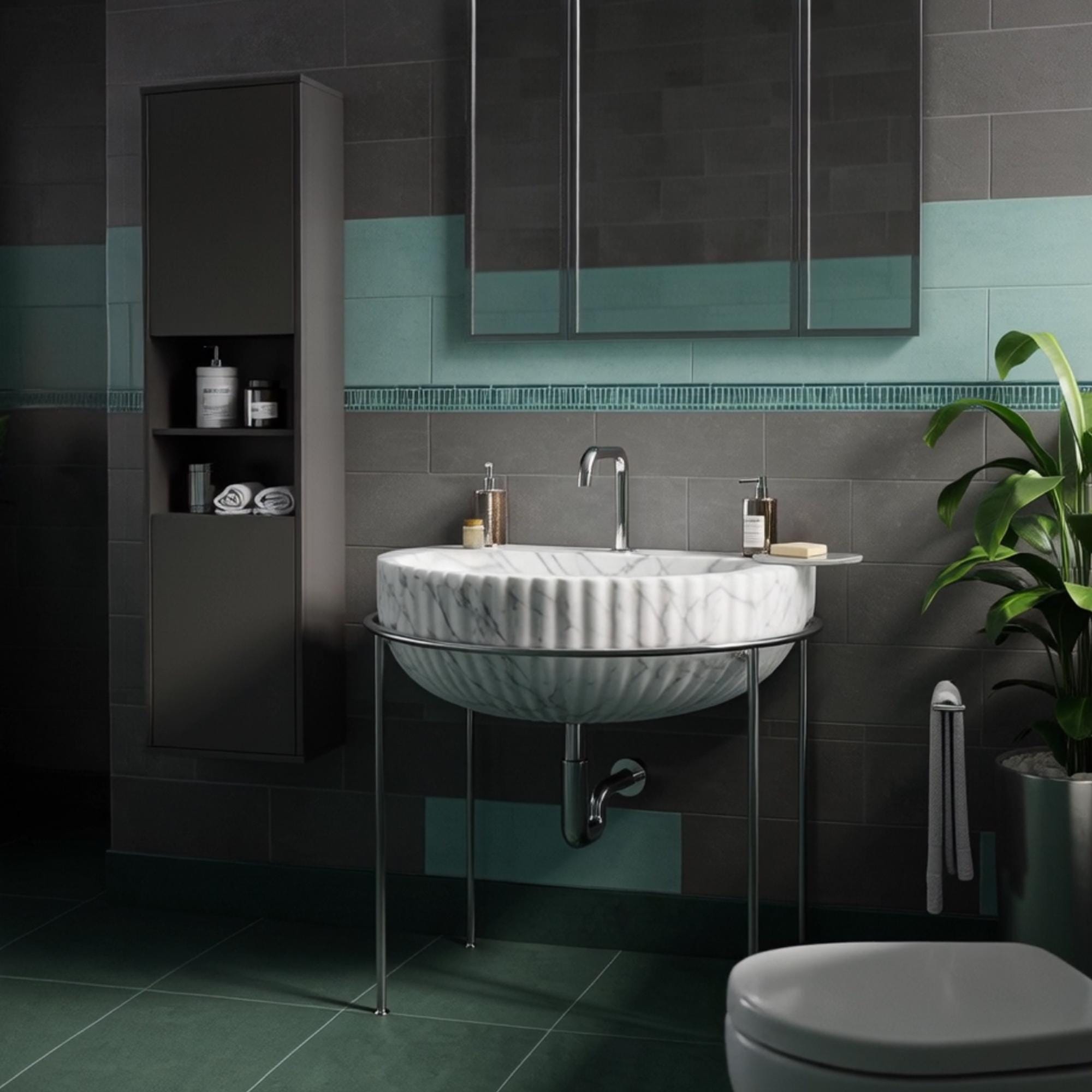 Minimalist console sink in Carrara marble with fluted semicircular bowl and metal structure.