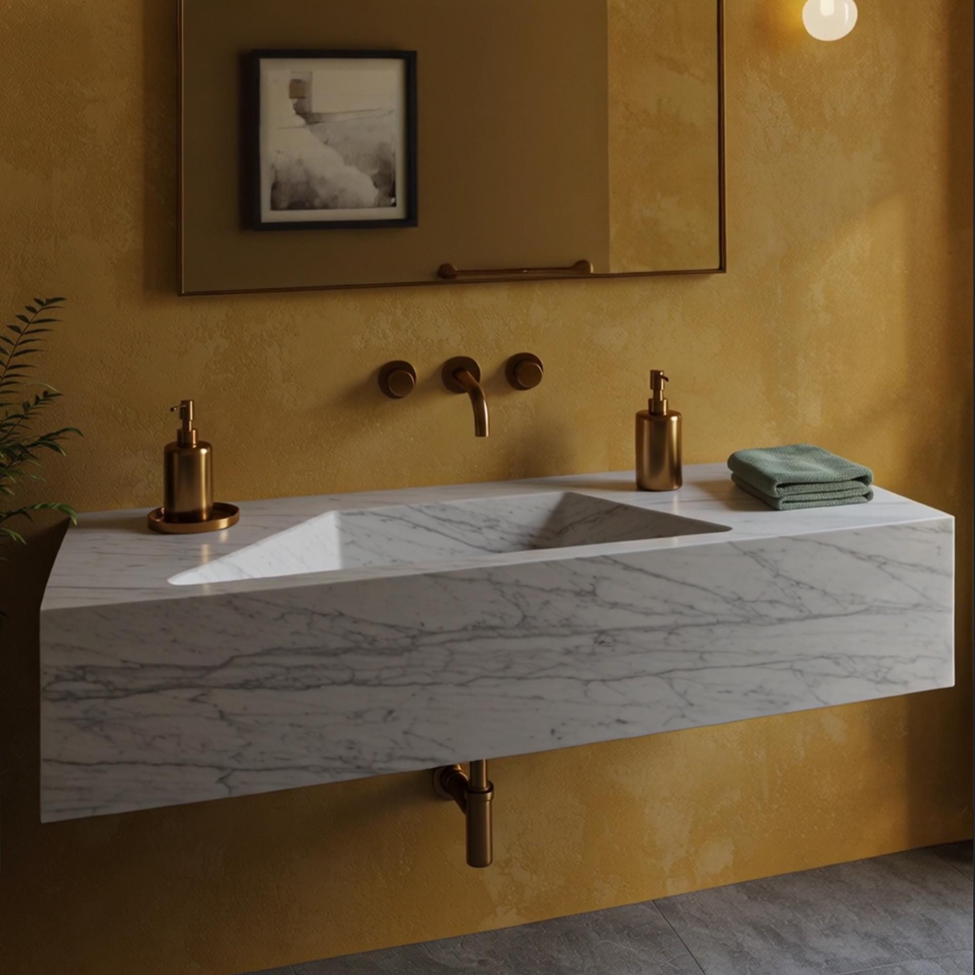 Minimalist Carrara marble sink with extra wide silhouette and integrated floating mount.