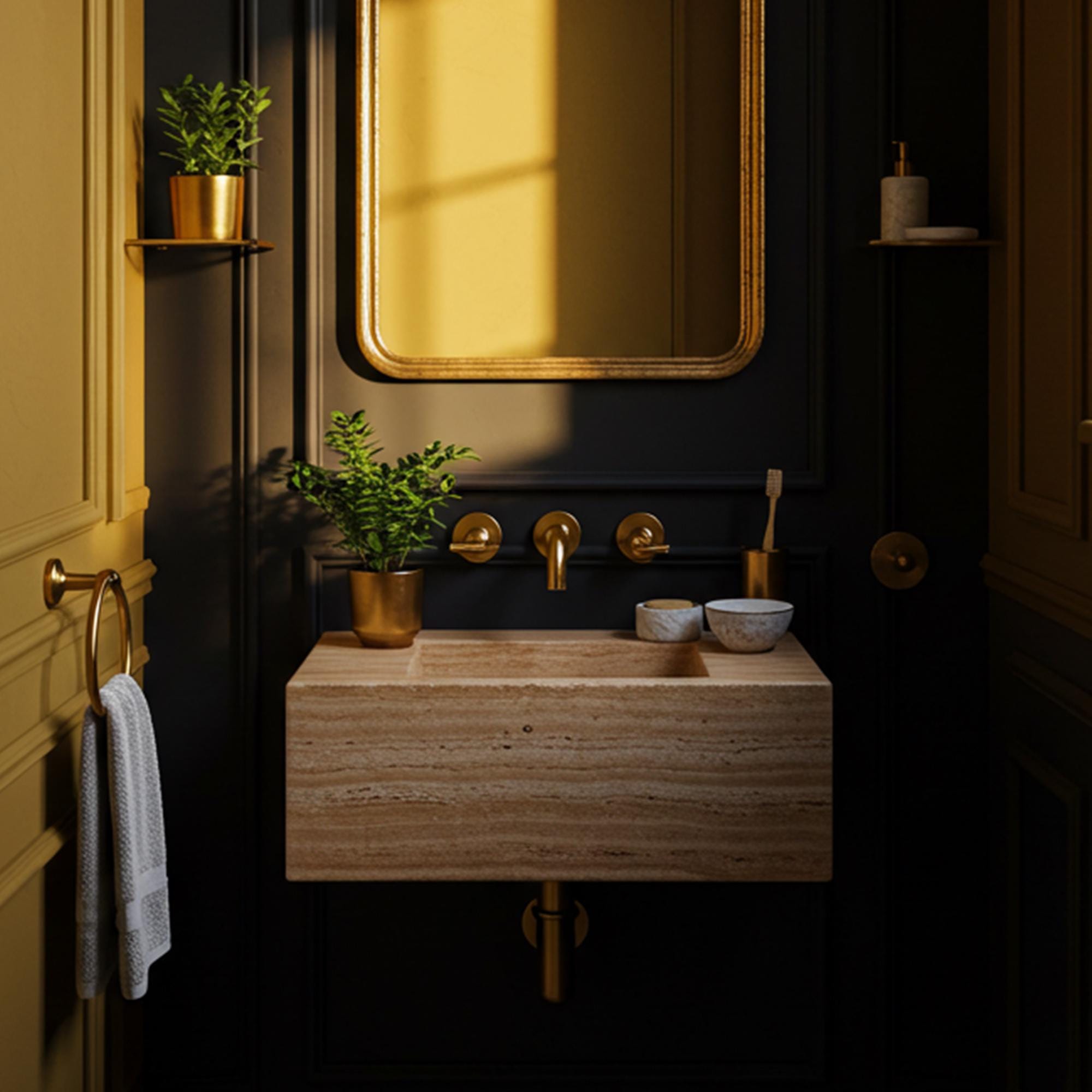Minimalist beige travertine floating basin in a contemporary dark-toned powder room