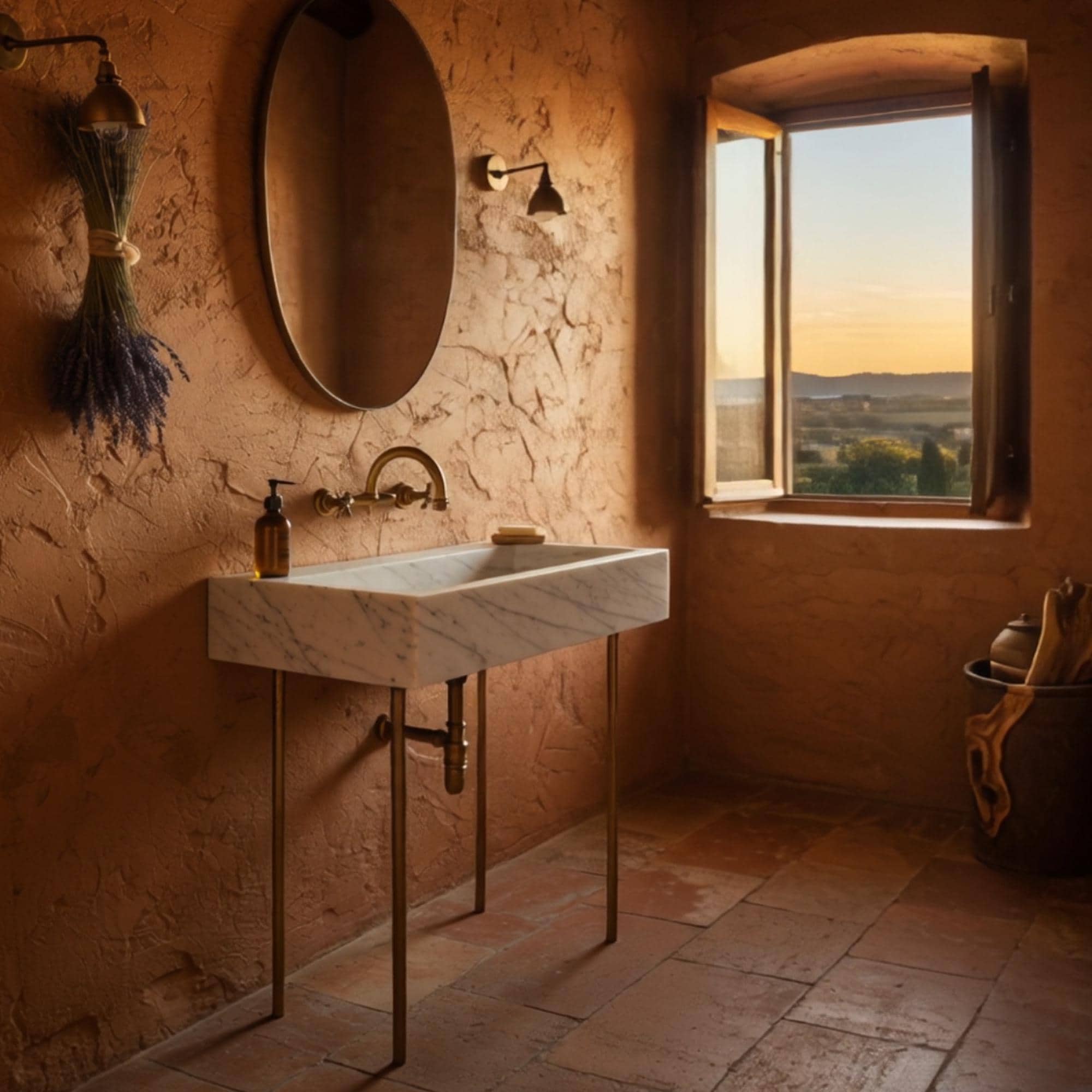 Wall-mounted Carrara marble sink with sleek rectangular shape and minimalist brass console.
