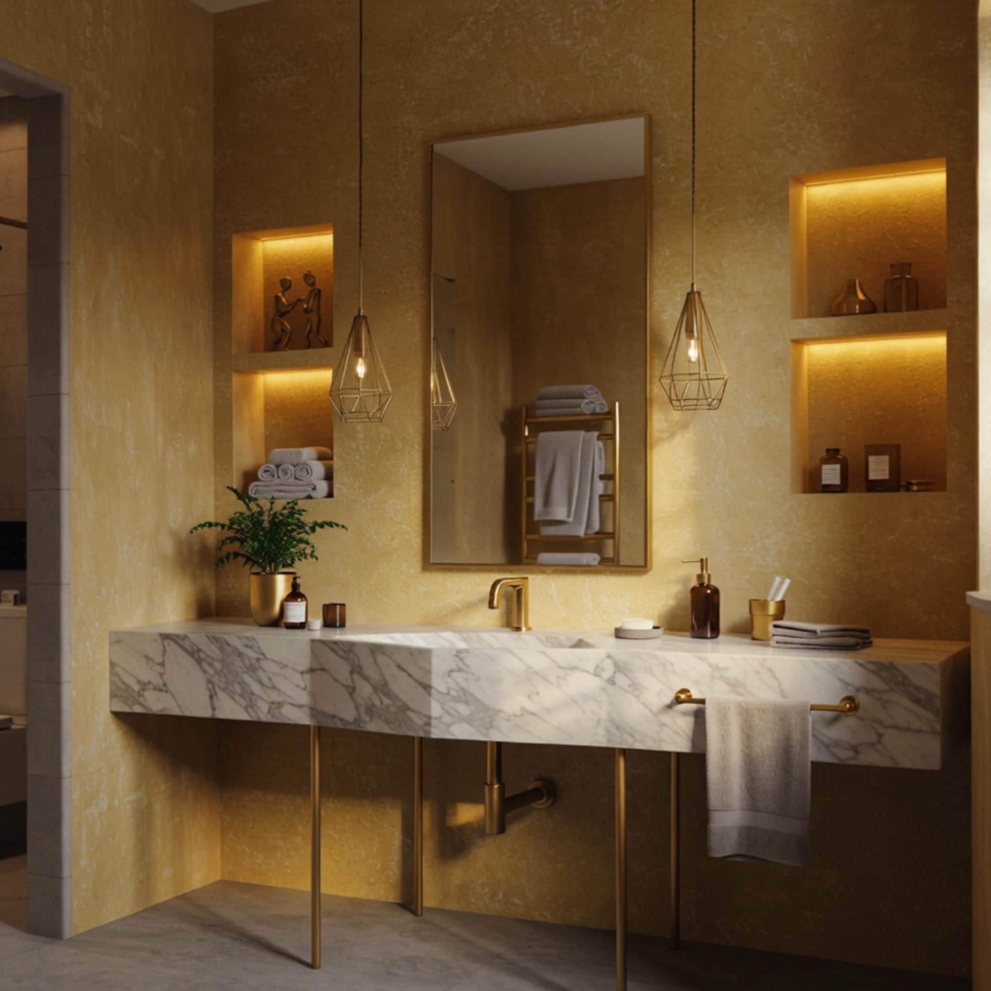 Minimalist bathroom vanity featuring extra wide Carrara marble sink and brass supports.