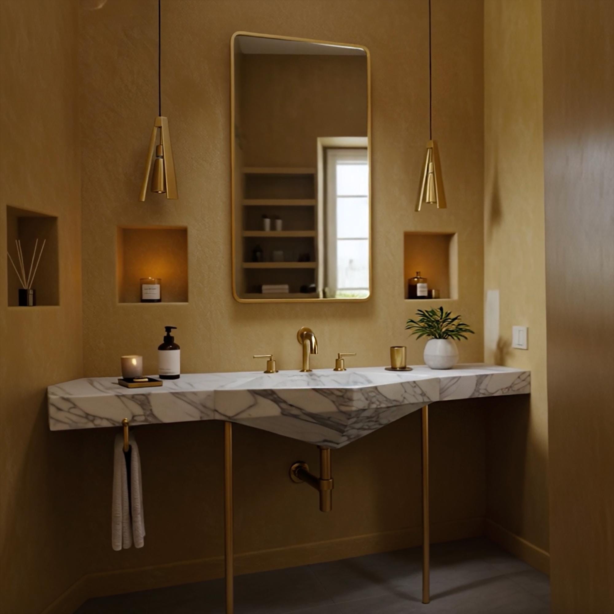 Contemporary Carrara marble sink with bold geometry and brass fixtures, perfect for stylish and minimalist powder rooms.