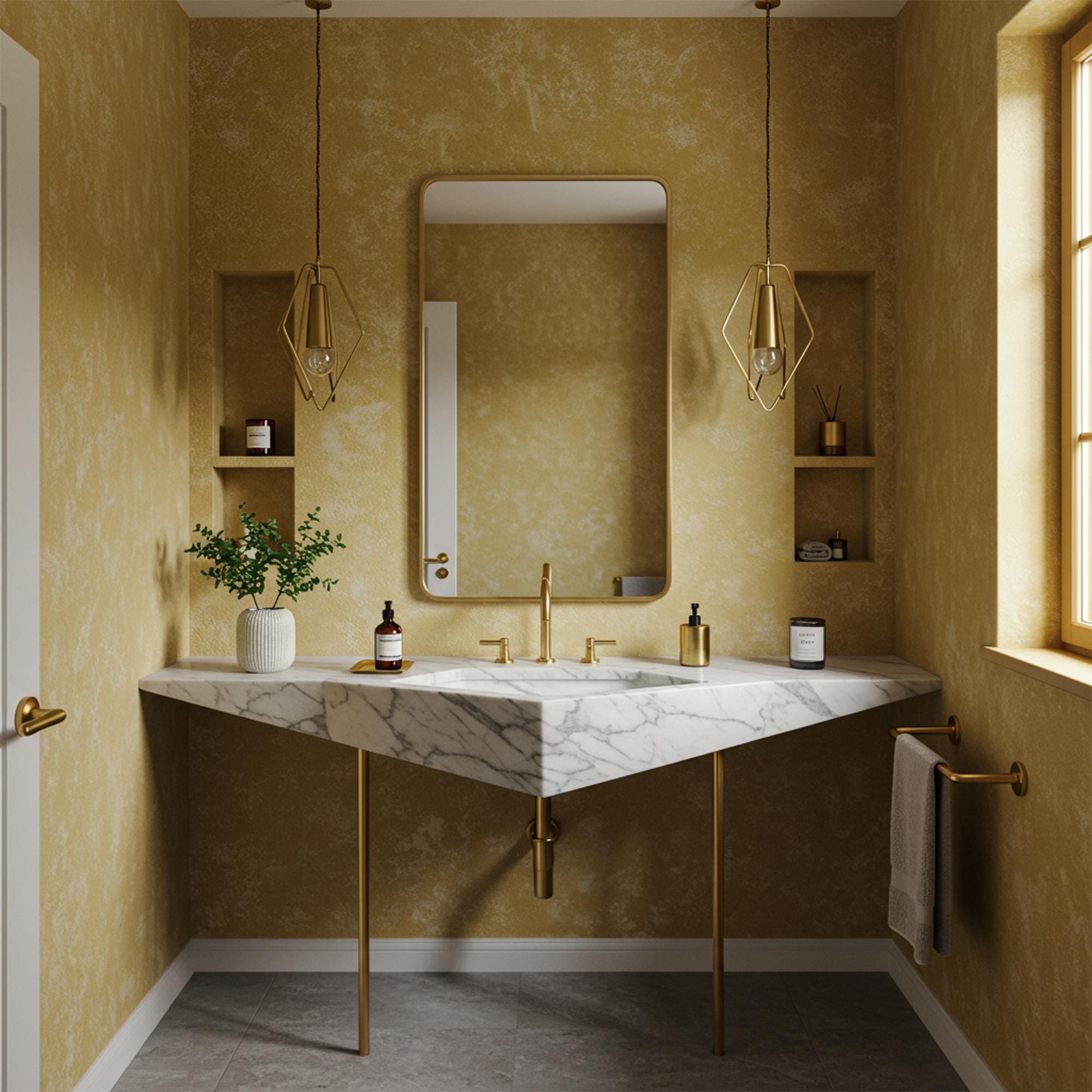 Modern Carrara marble sink with geometric countertop and gold-toned console base.