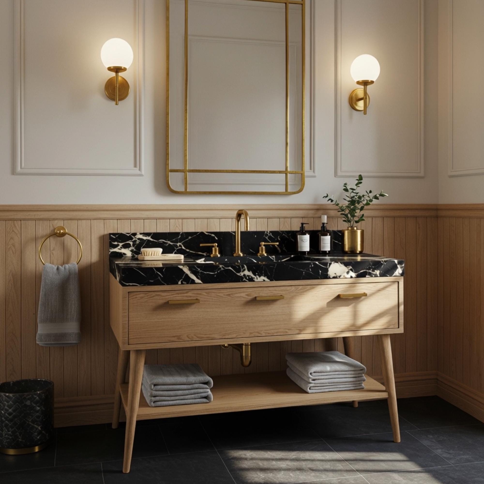 Modern bathroom vanity with integrated Picasso Nero marble basin and natural oak console.