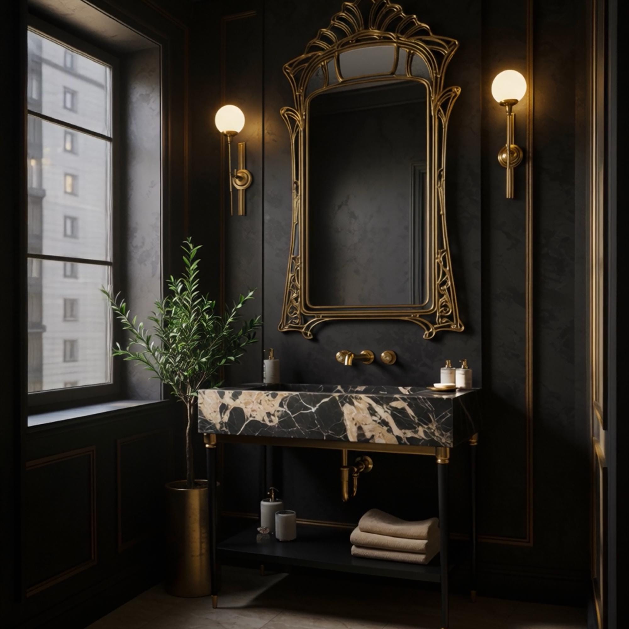 Modern Pietre Notte marble sink vanity with bold gold and black accents, open-shelf design, and refined architectural elegance.