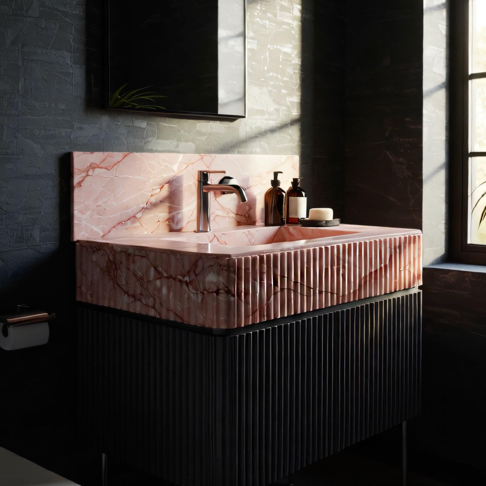 This modern vanity features a pink marble fluted sink and a black textured cabinet, perfect for upscale powder rooms.
