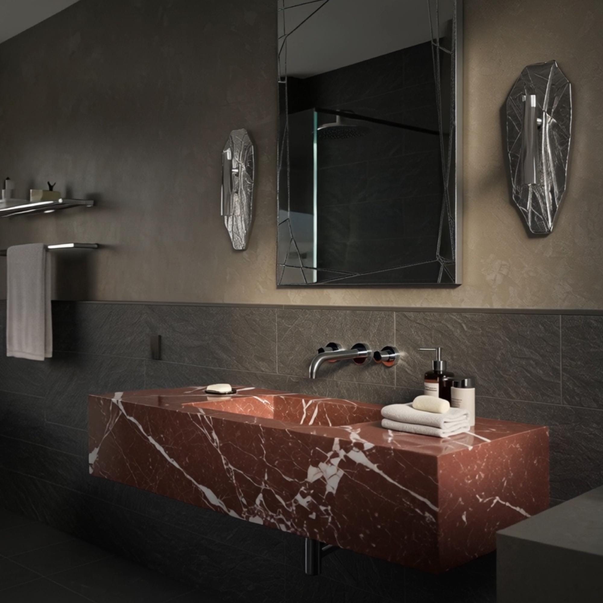 Modern geometric vanity sink in Rosso Levanto red marble, wall-mounted for a streamlined bathroom look.