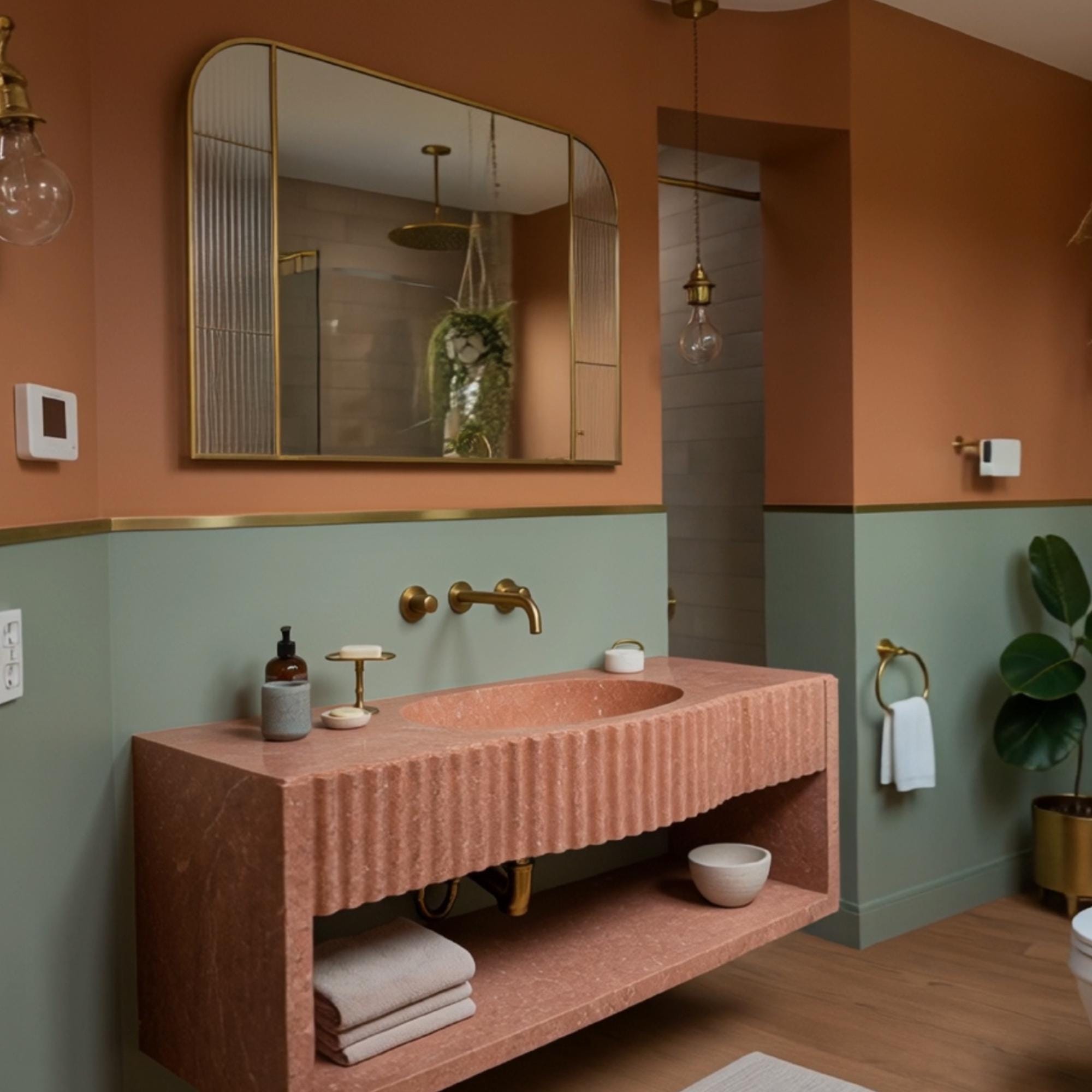 Modern vanity unit in red travertine with hand-carved fluting and integrated open shelf design.