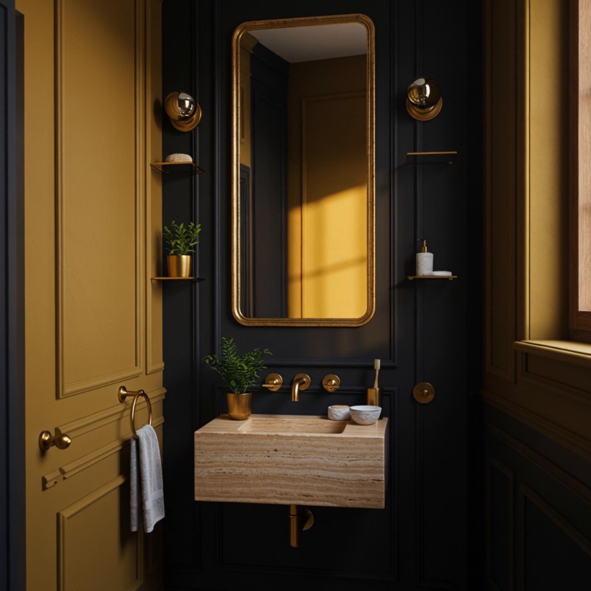 Hand-carved natural stone travertine sink with brass fixtures and minimal design