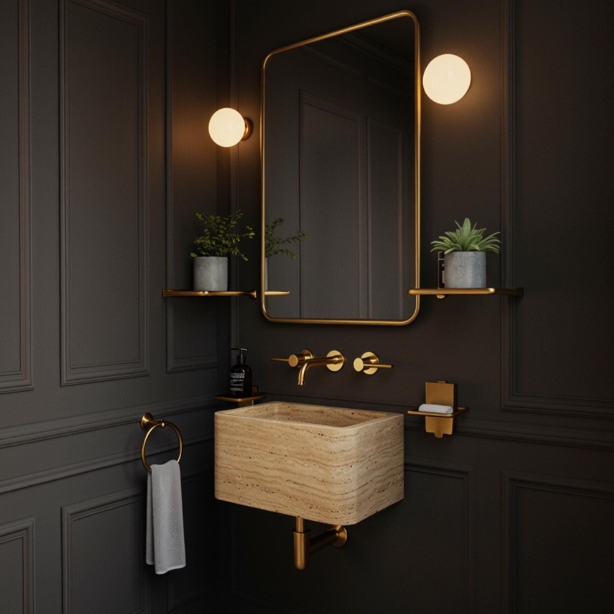 Natural stone wall-mounted sink in beige travertine, ideal for elegant and space-saving powder room settings.