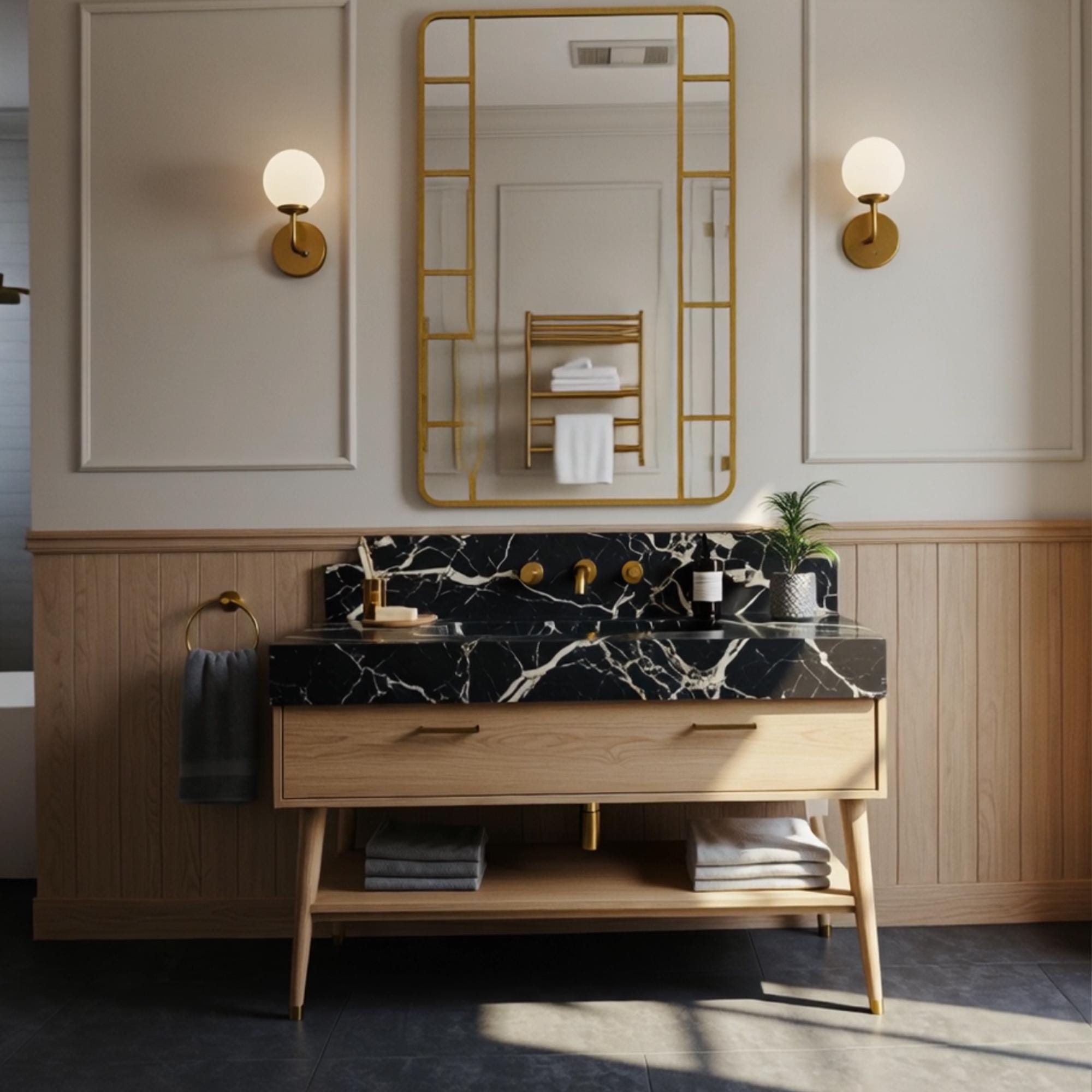 Bathroom vanity featuring Pietre Notte marble basin, integrated backsplash, and light wood console.