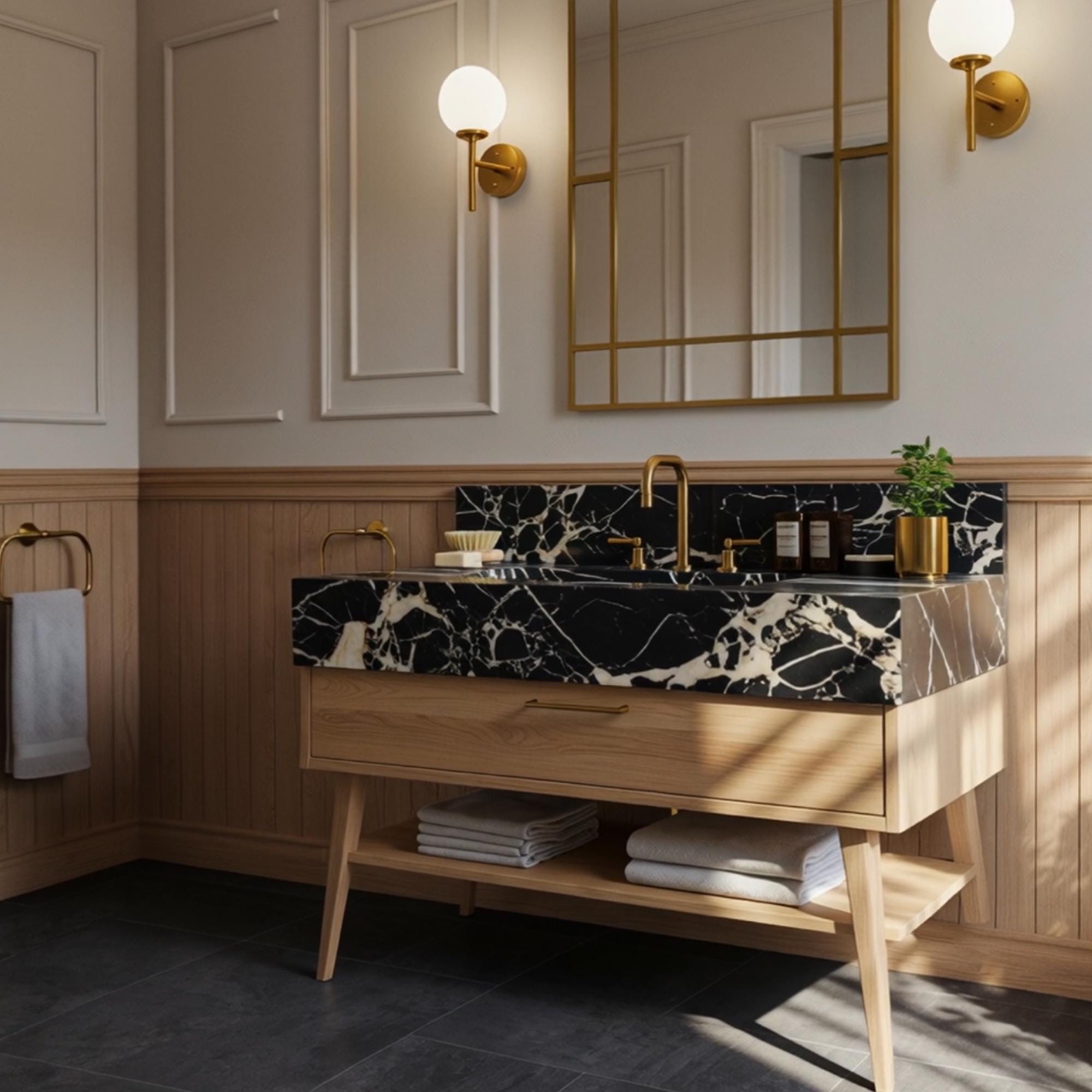 Mid-century style bathroom vanity with Nero Marquina marble top and brass faucet details.