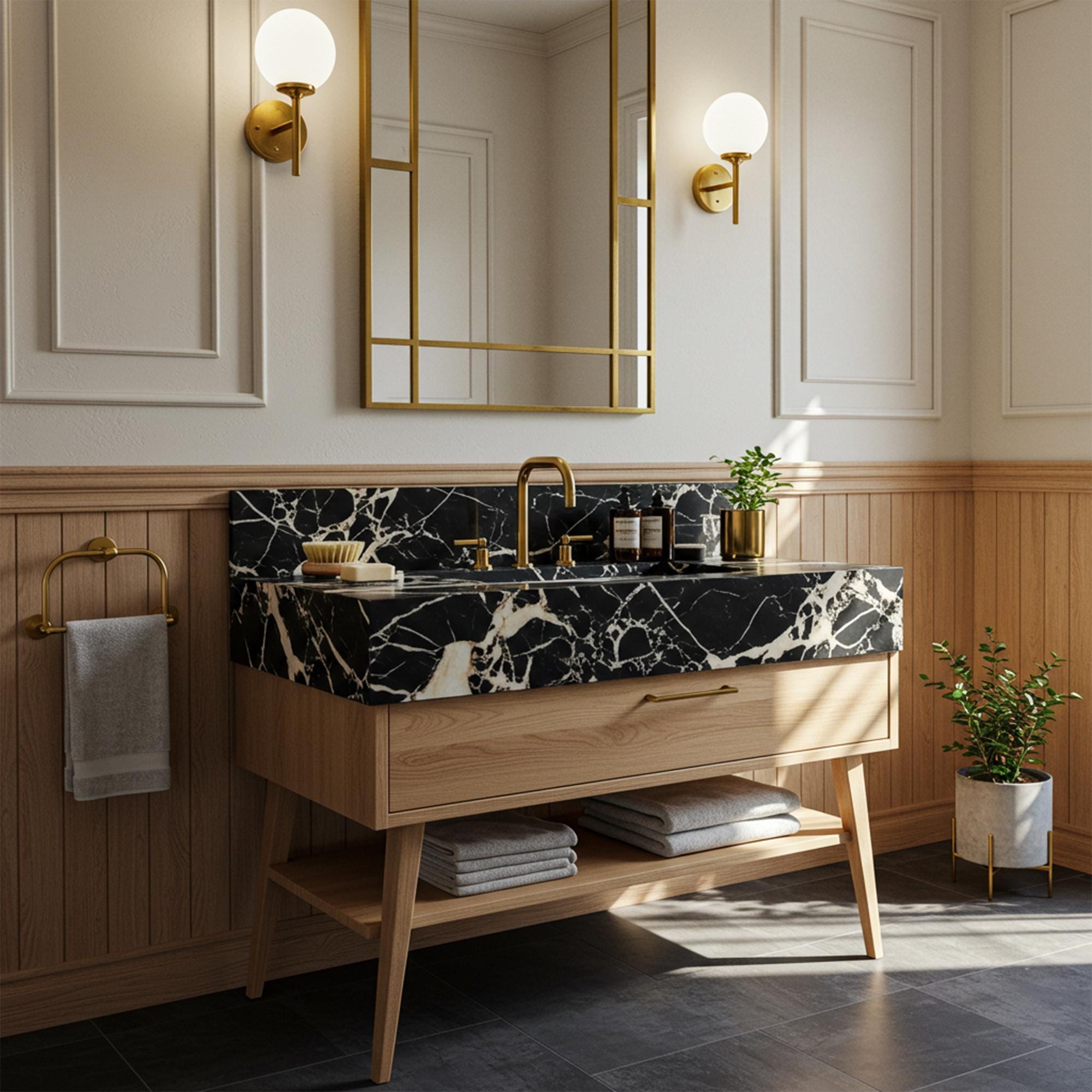 Nero Marquina black marble vanity with integrated basin and mid-century wood console base.