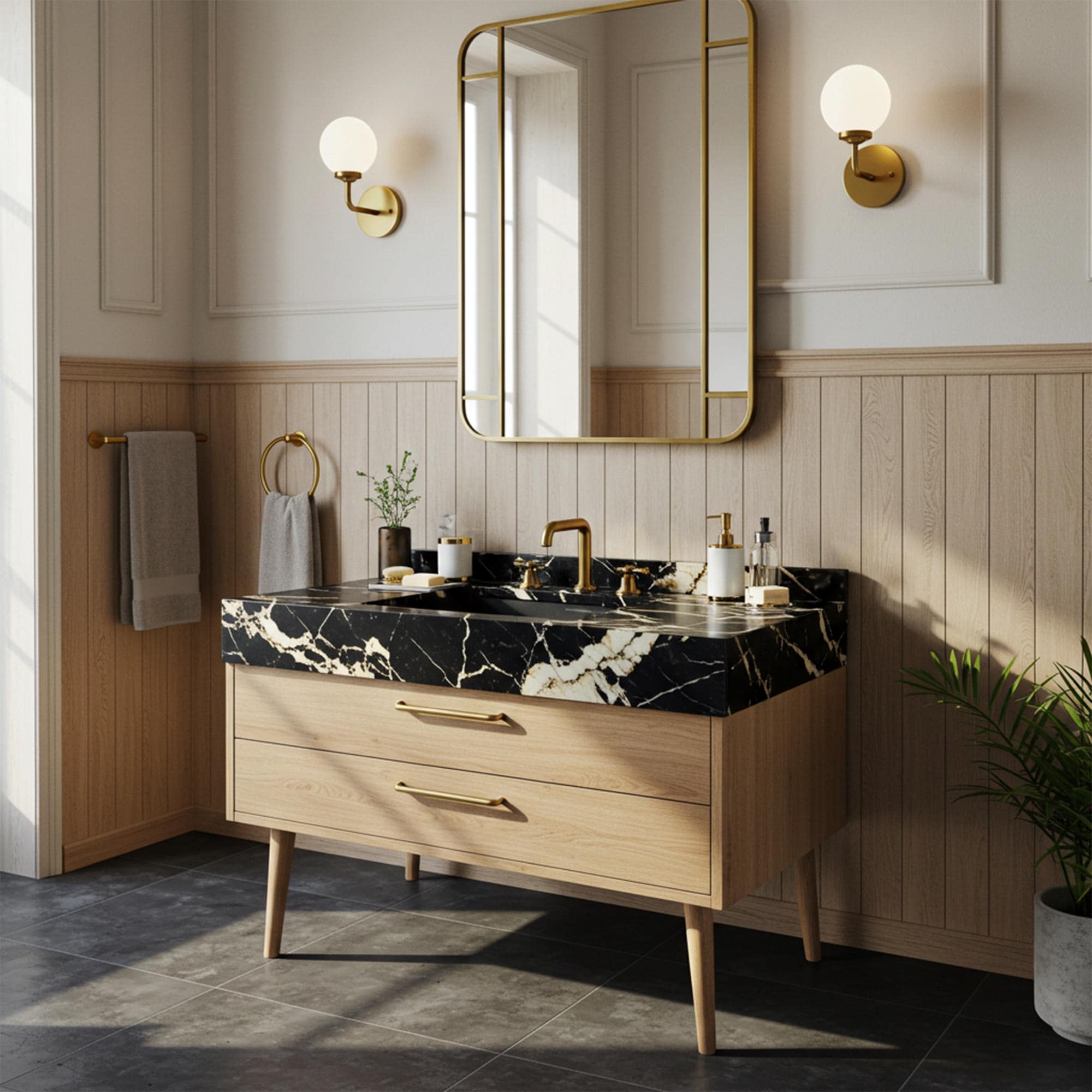 Nero Marquina marble vanity with integrated basin and mid-century style natural wood cabinet.
