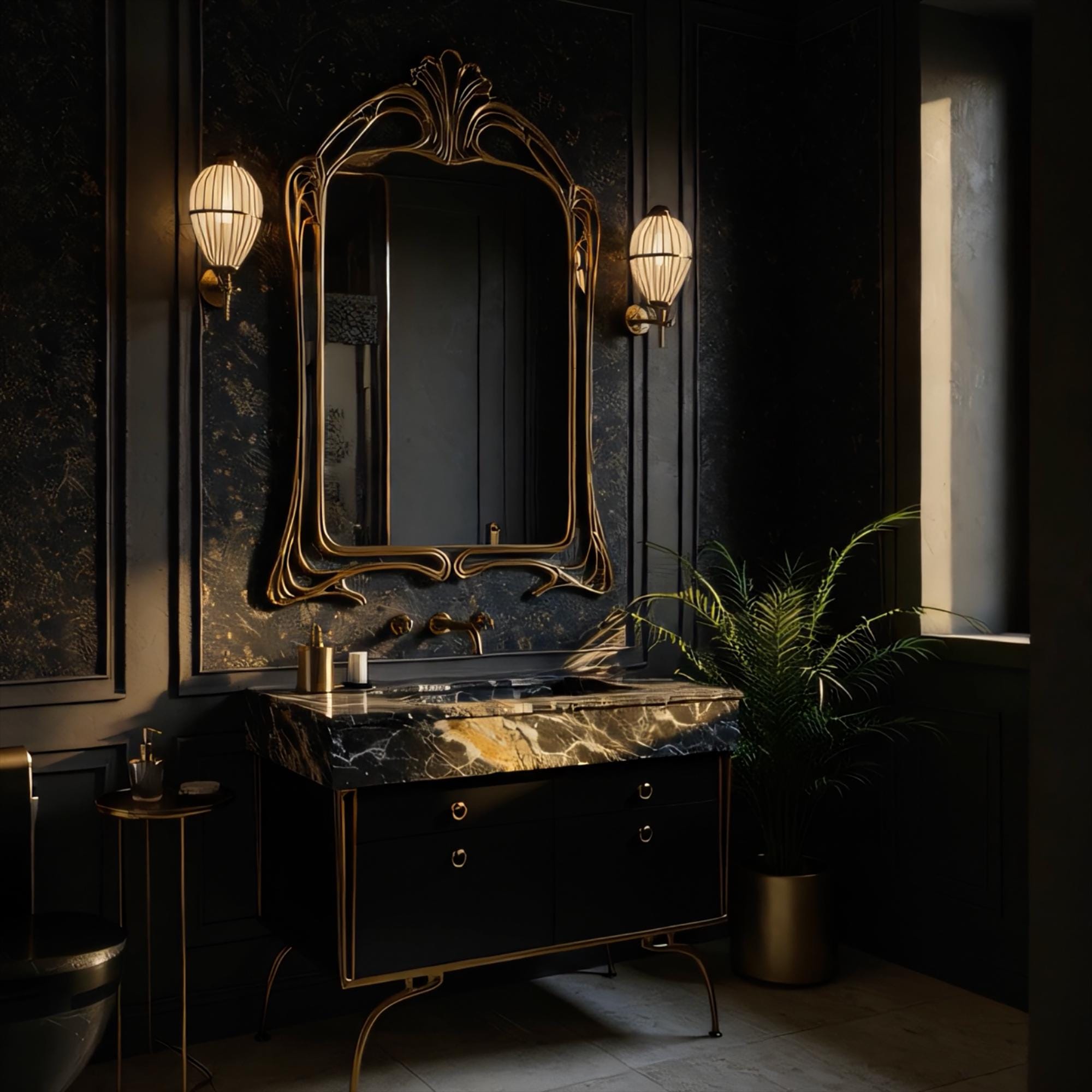 A sophisticated blend of Pietre Notte marble and golden sculptural base with four-drawer black cabinetry.
