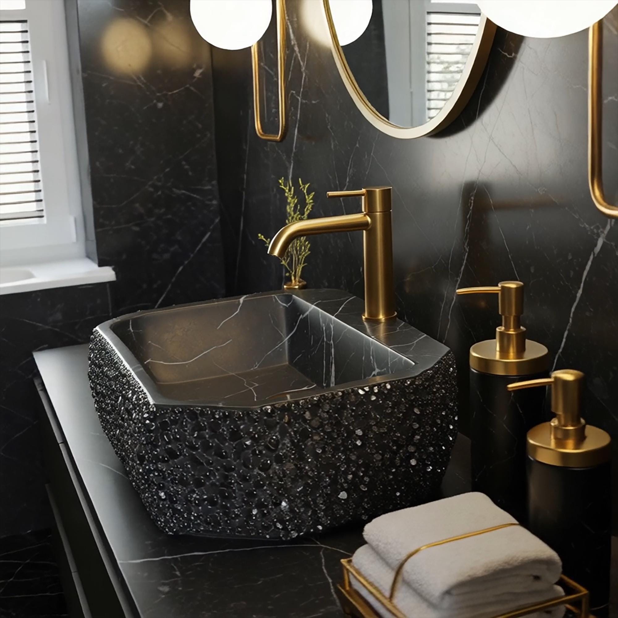 Elegant Pietre Notte sink in black marble with crystal details and refined octagonal structure.