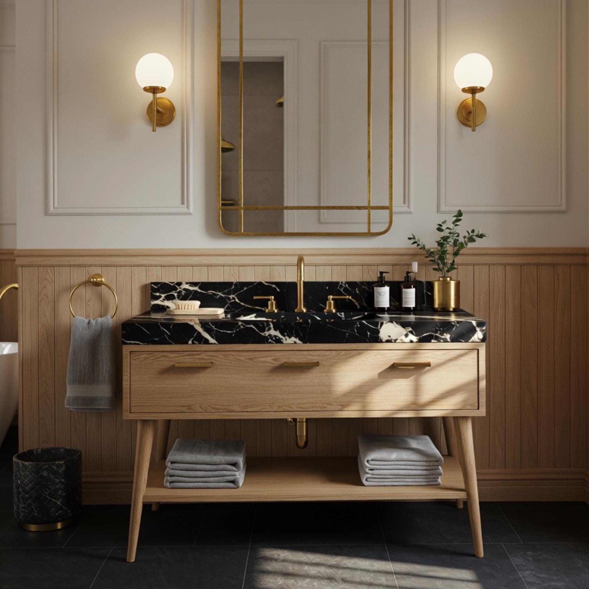 Elegant Picasso Nero marble sink with wood console and gold fixtures for modern bathrooms.