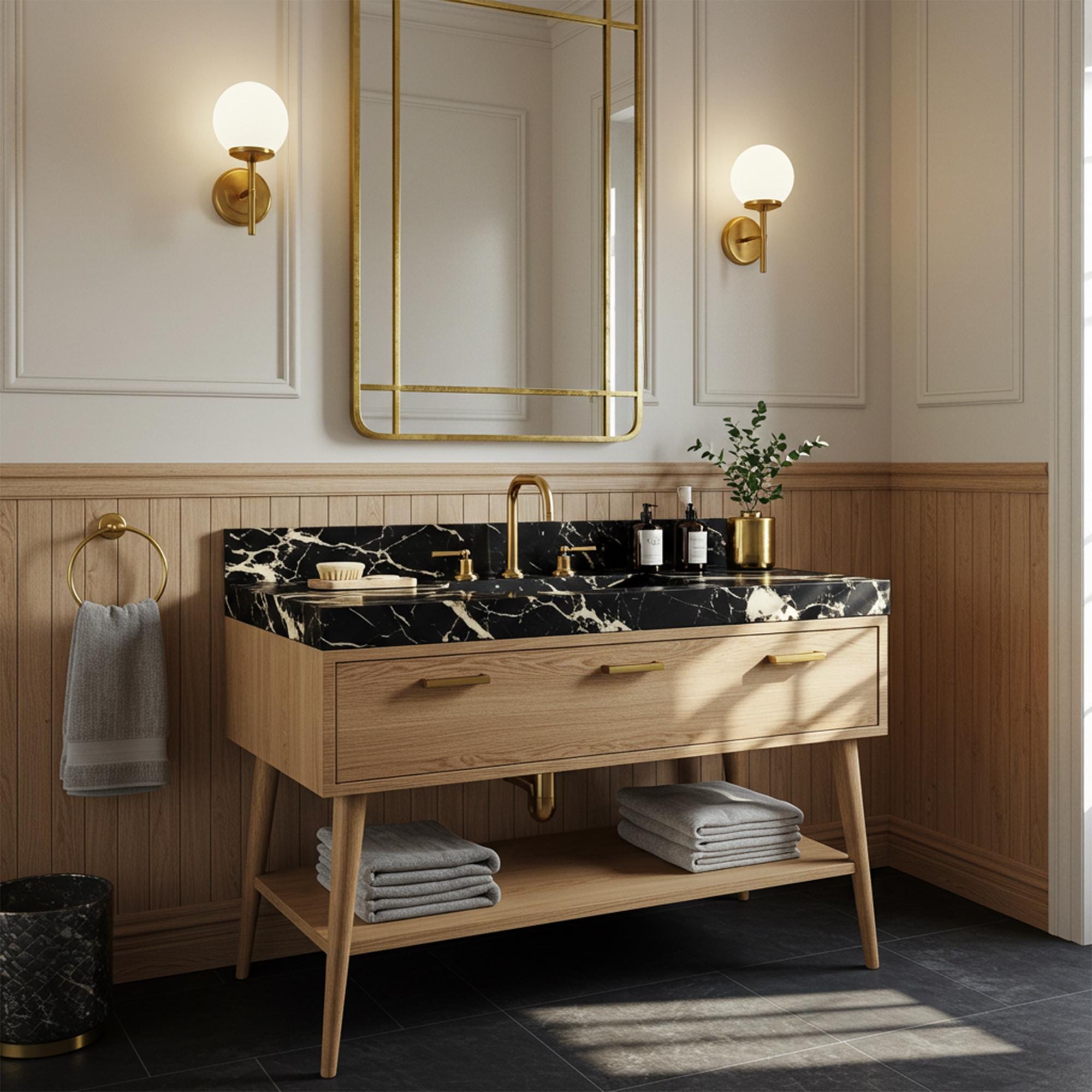 Picasso Nero marble vanity with integrated basin and mid-century modern wood console.