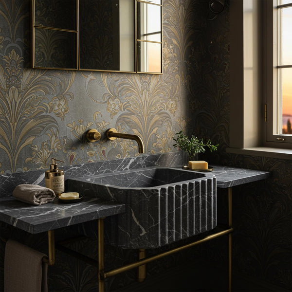 Pietre Notte Black Marble Fluted Console Sink (Integrated Countertop & Brass Stand) M8M41