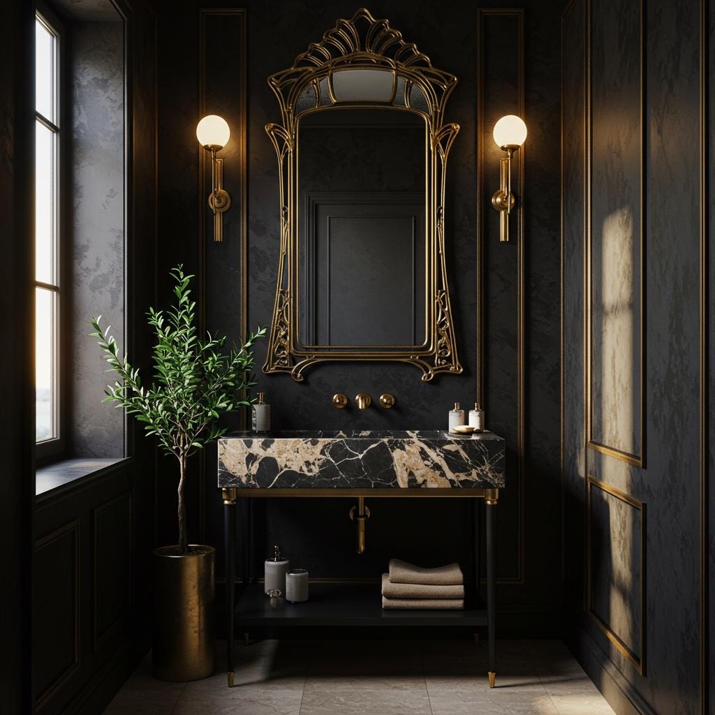 Pietre Notte black marble console vanity with gold-tipped legs and open storage shelf.