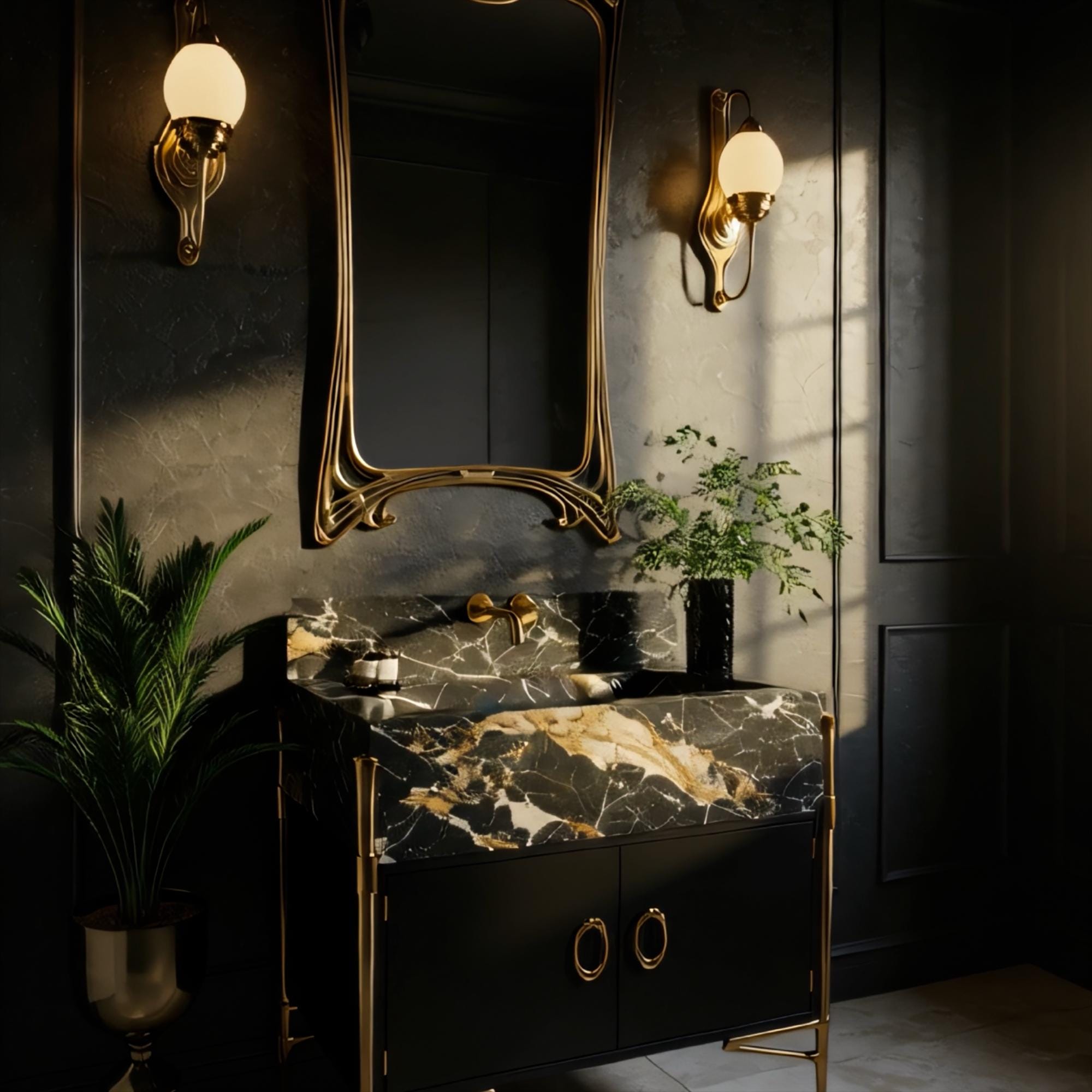 Modern glam vanity featuring dramatic black marble with gold veining and statement cabinet base.