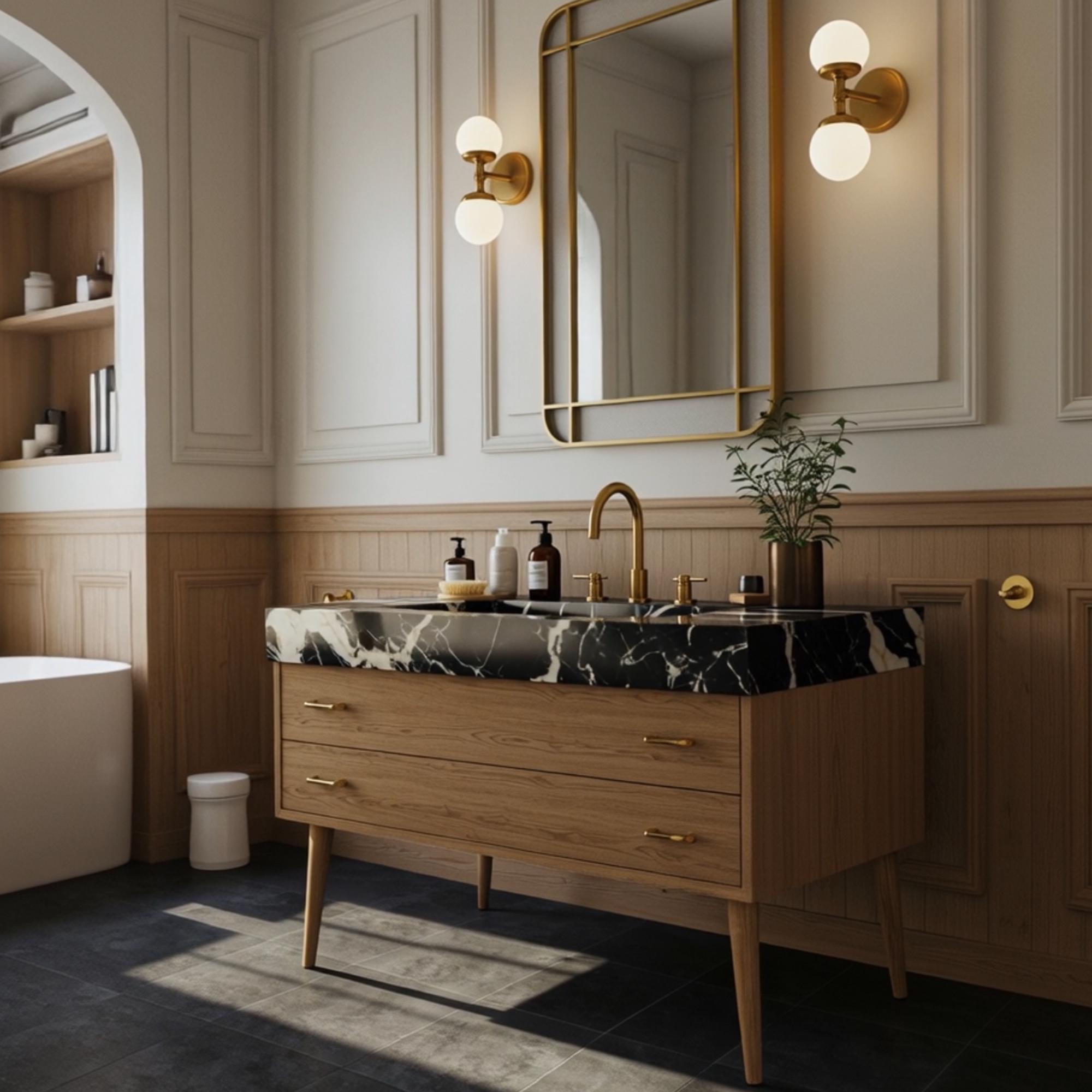 Integrated Pietre Notte sink with sculptural marble basin and two-drawer wooden vanity unit in mid-century style.