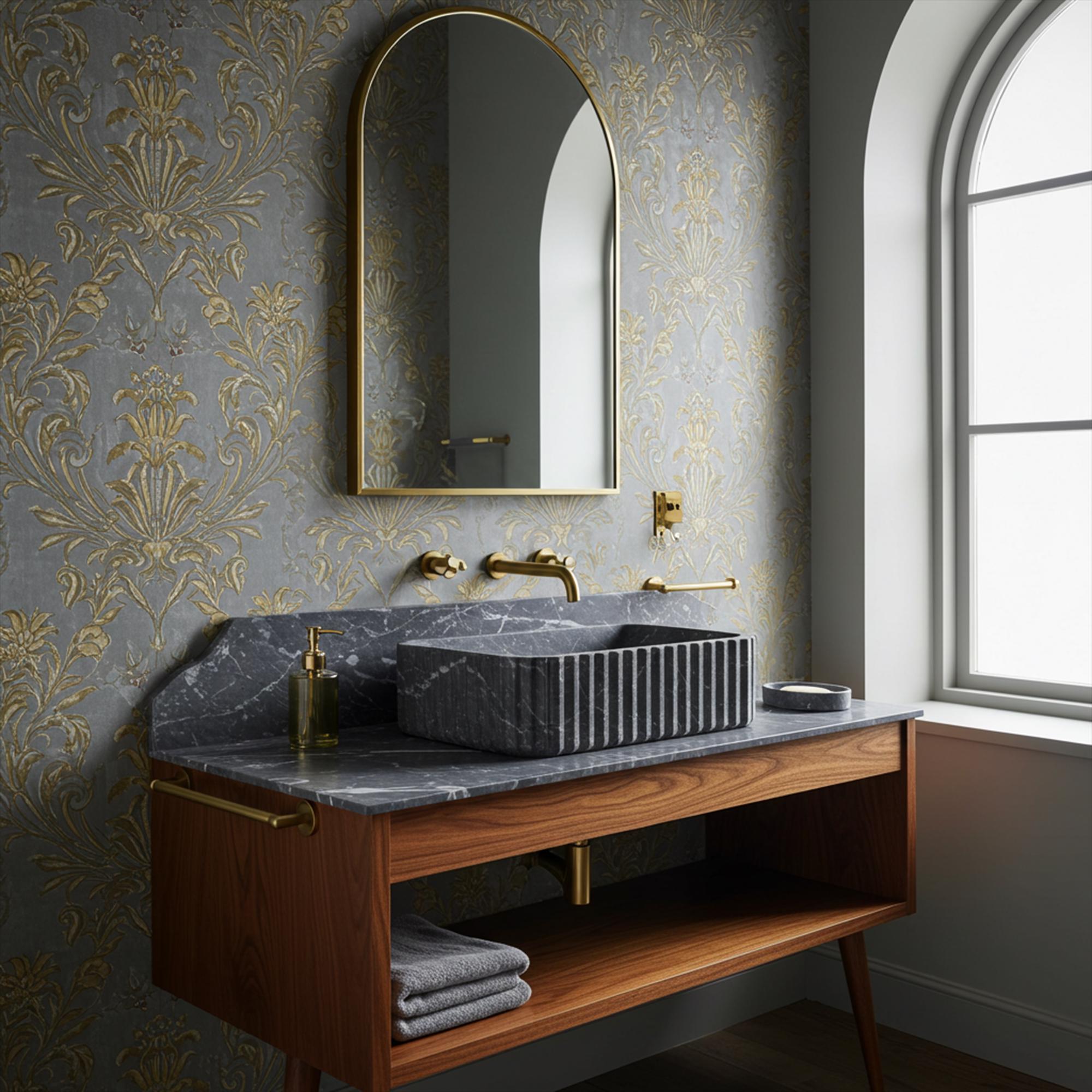 Pietre Notte marble vessel sink with fluted sides, mounted on oak vanity with integrated backsplash.