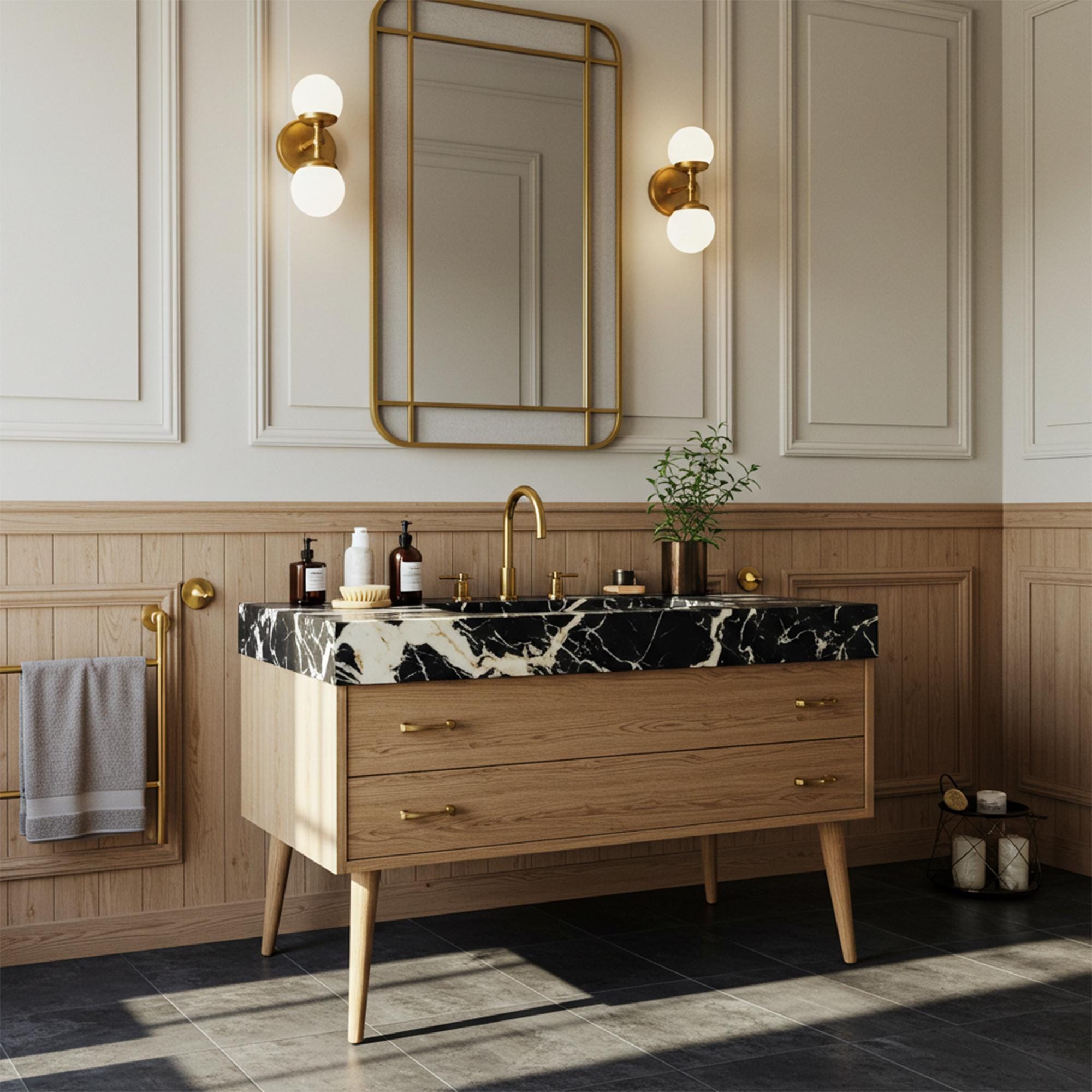 Pietre Notte marble vanity with integrated basin and mid-century style wooden cabinet featuring brass handles.