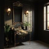 Luxury black and gold console vanity with striking Pietre Notte marble top and sculptural frame.