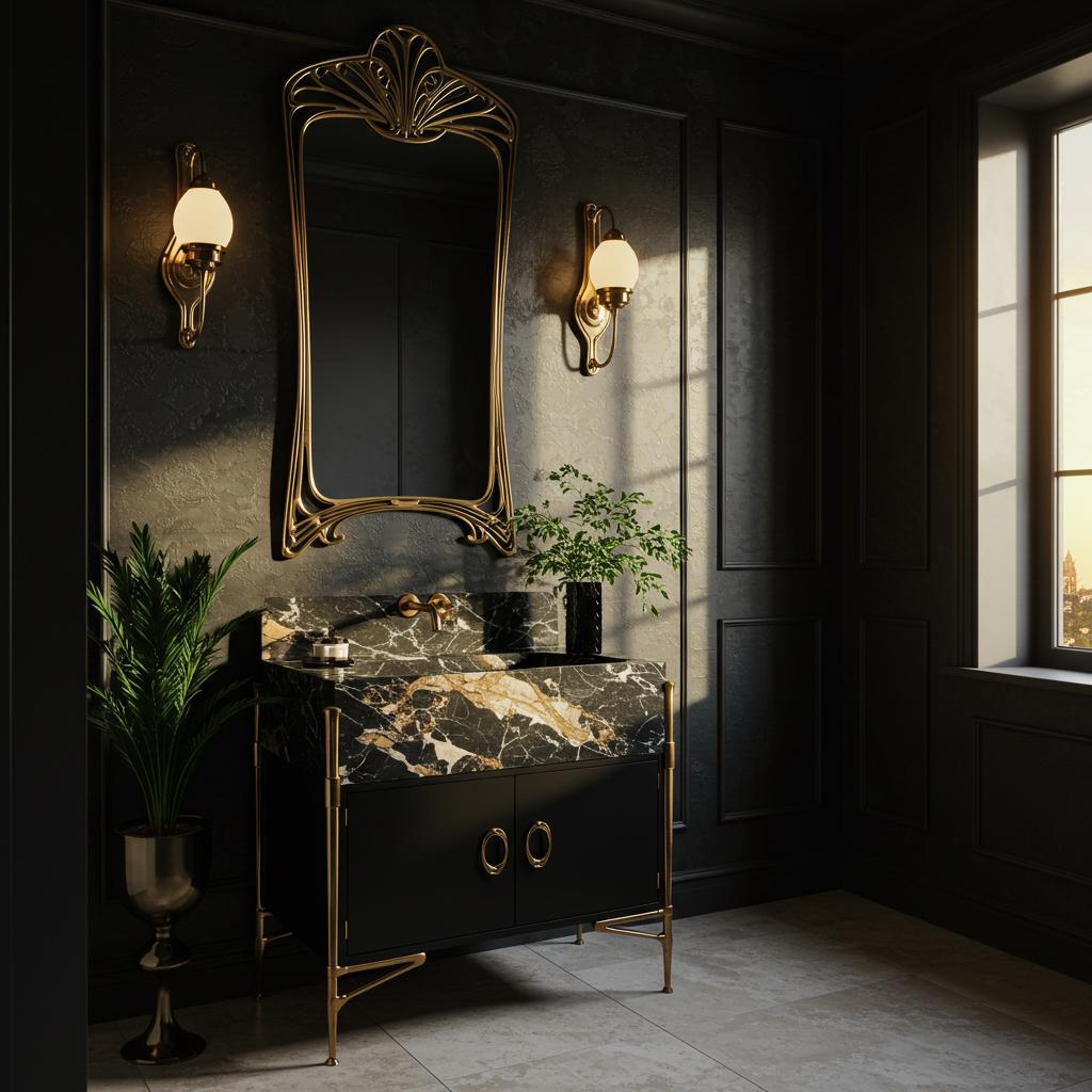 Luxury black and gold console vanity with striking Pietre Notte marble top and sculptural frame.