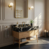Pietre Notte black marble vanity with integrated basin and mid-century style wood cabinet.